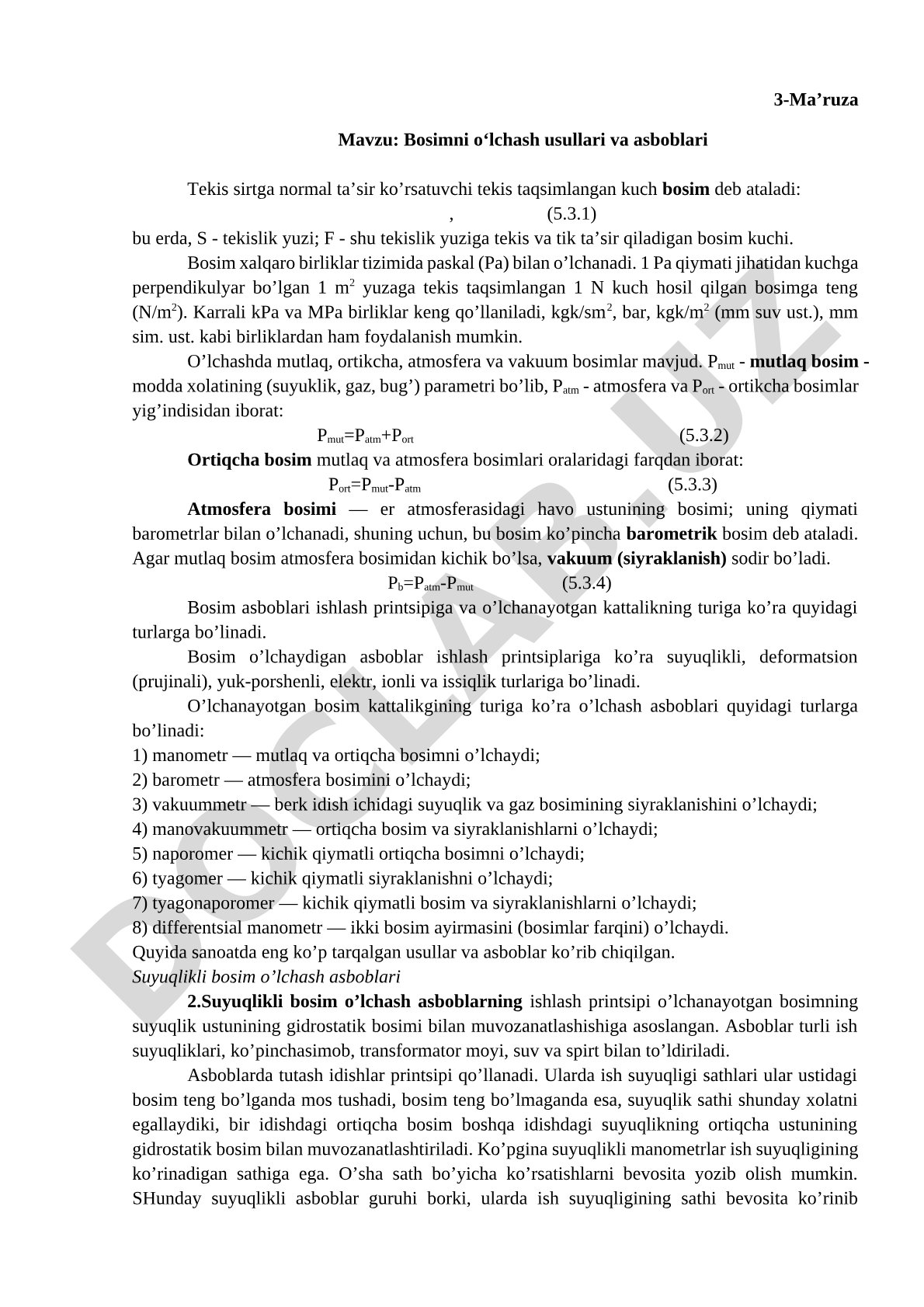 Bosimni o'lchash usullari va asboblari