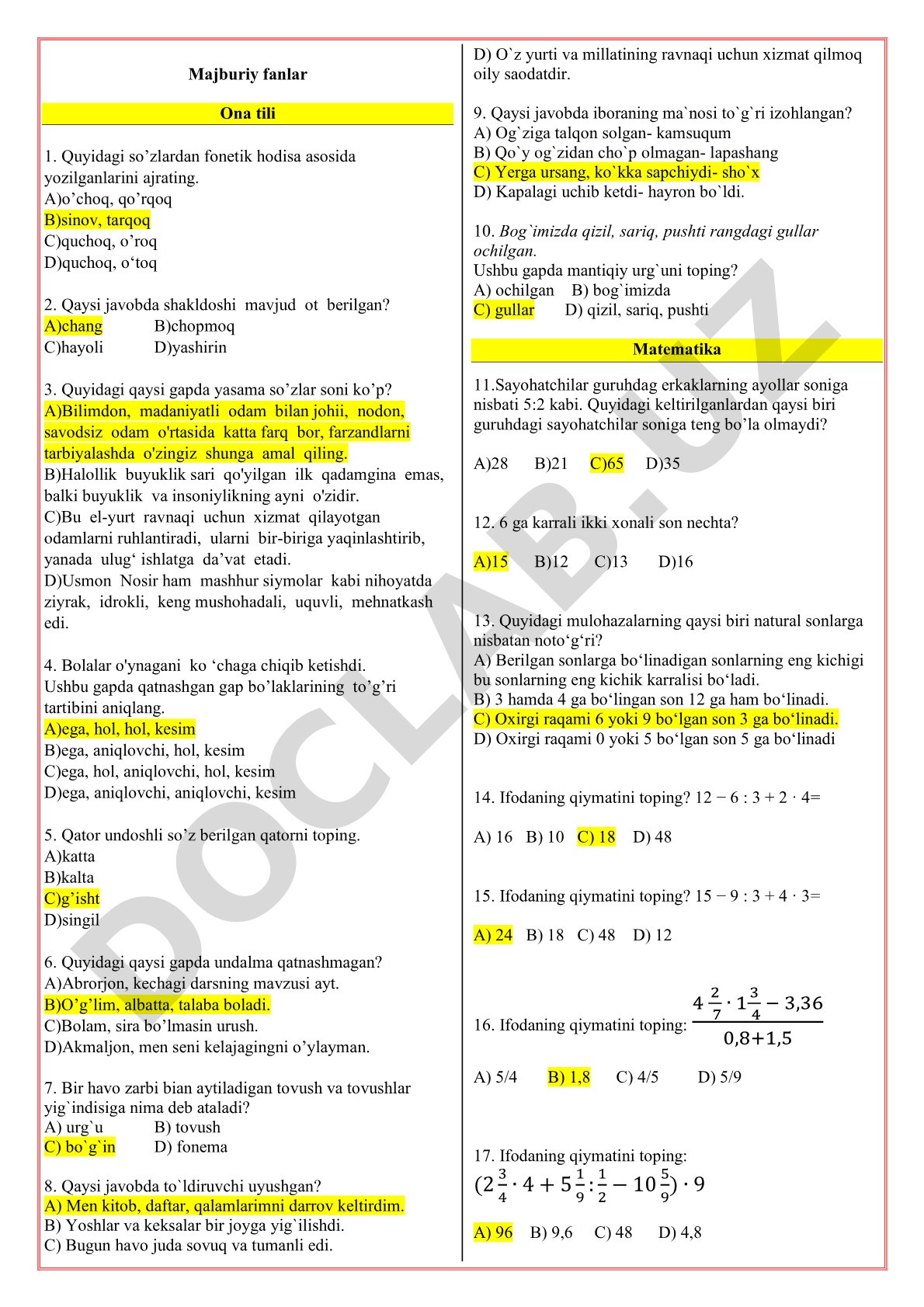 Ona tili fanidan test savollari