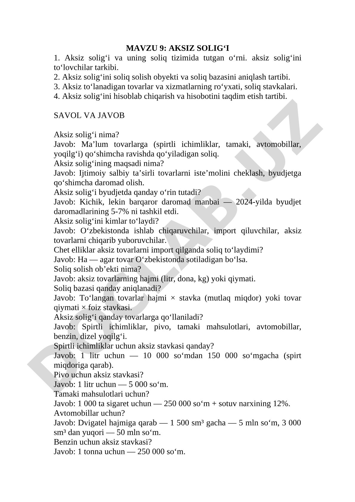 MAVZU 9: AKSIZ SOLIG‘I 1