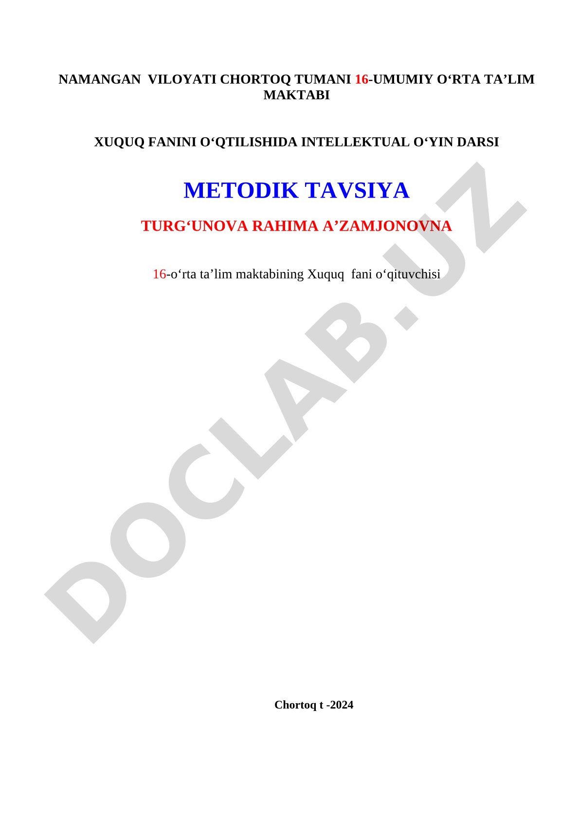 Xuquq fanini o‘qitishda intellektual o‘yin darsi