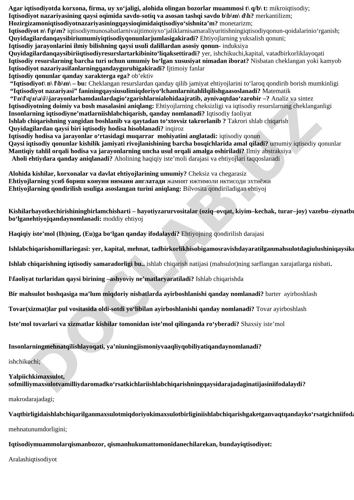 Iqtisodiyot nazariyasi fanining asosiy tushunchalari