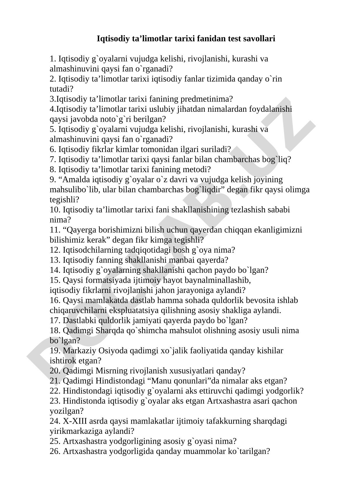 Iqtisodiy ta’limotlar tarixi fanidan test savollari