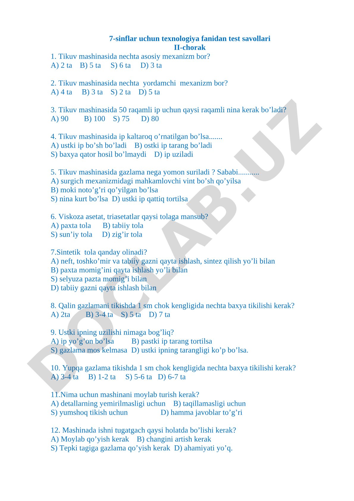 7-sinflar uchun texnologiya fanidan test savollari II-chorak 1
