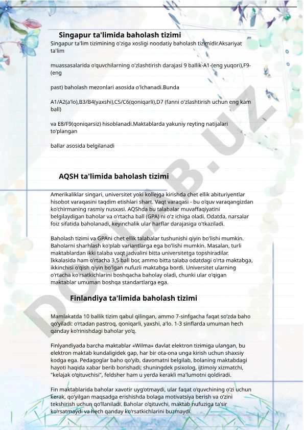 Singapur va AQSh ta'lim tizimlarida baholash usullari
