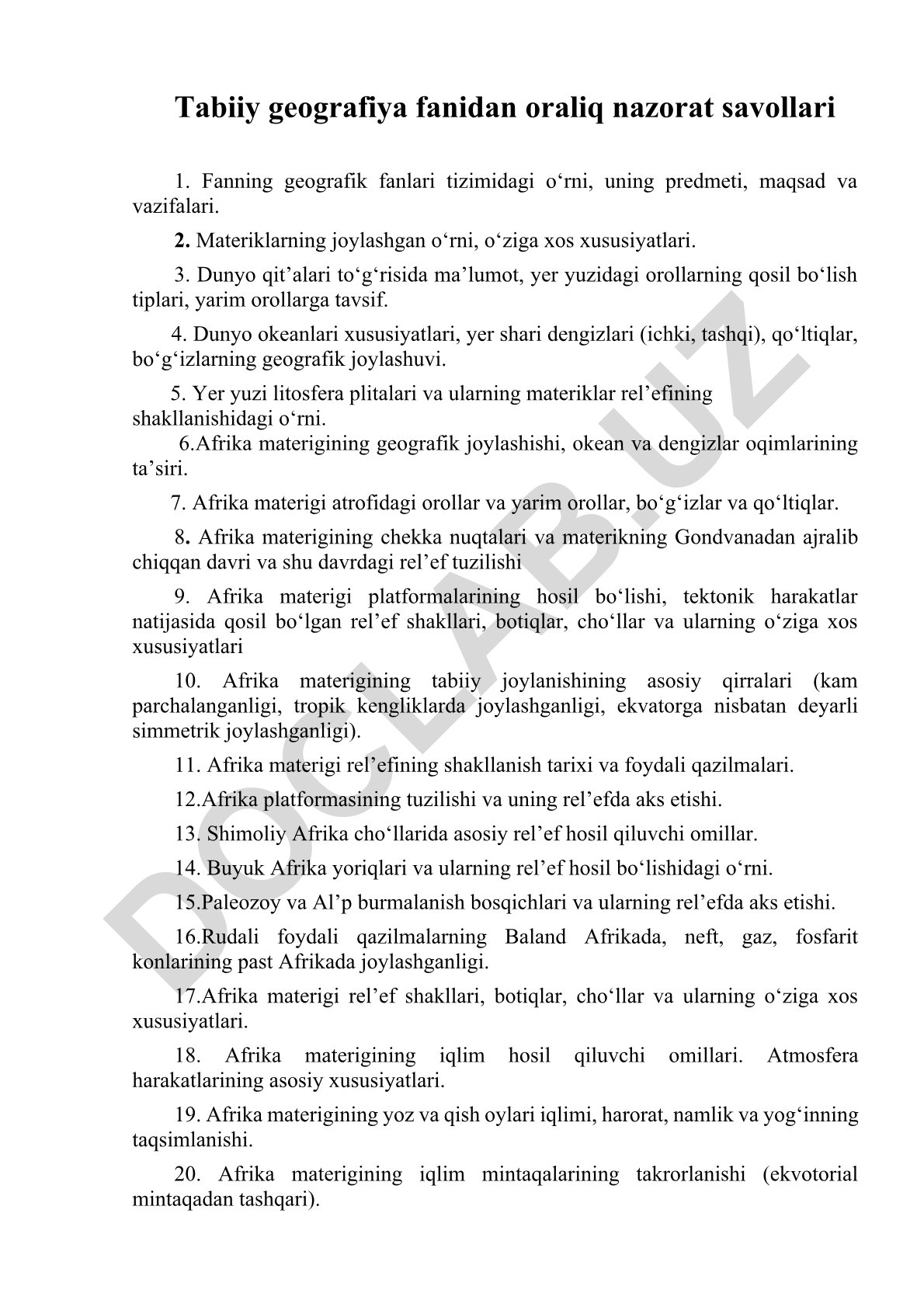 Tabiiy geografiya fanidan oraliq nazorat savollari