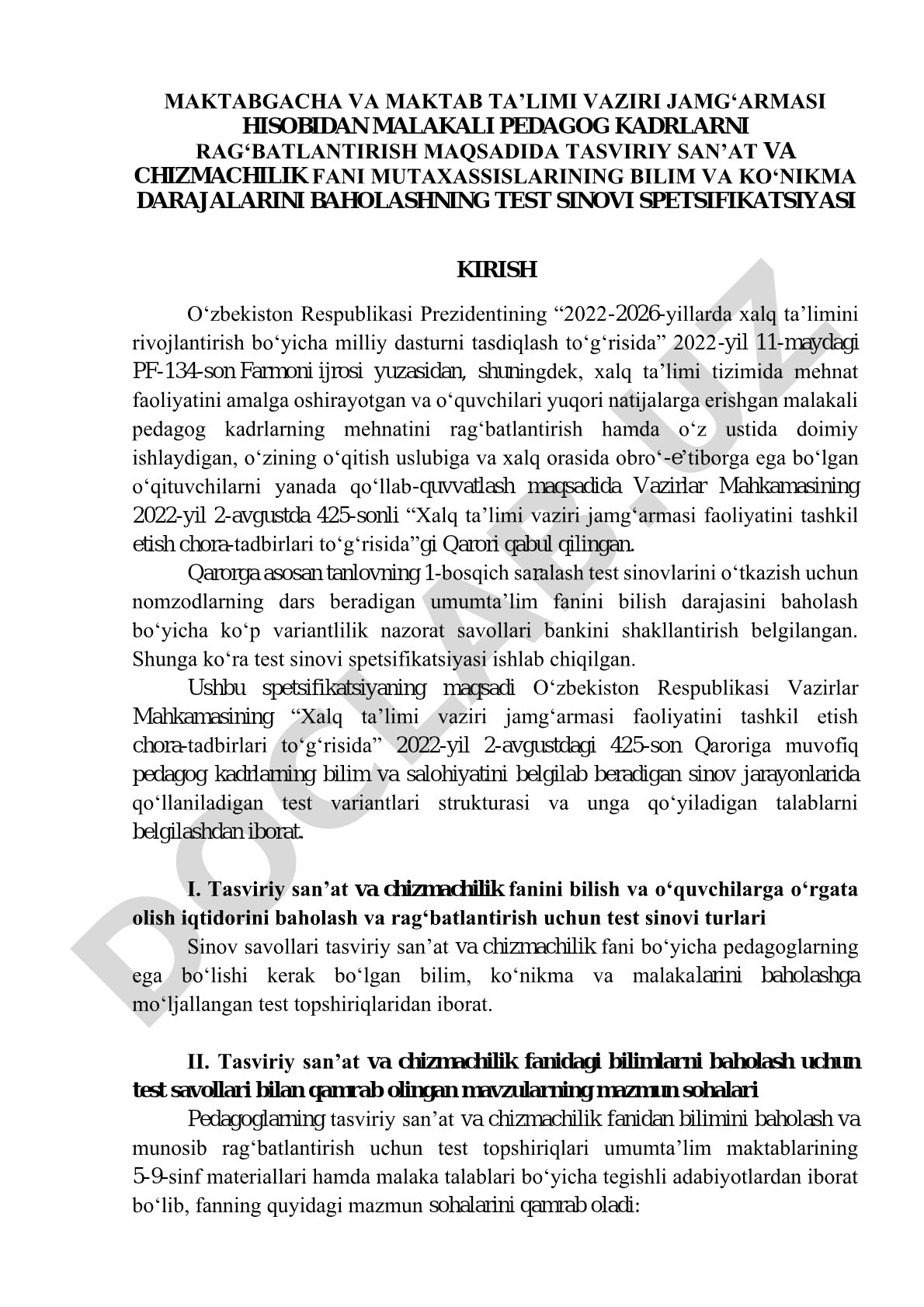 Tasviriy san’at va chizmachilik fani test sinovi spetsifikatsiyasi