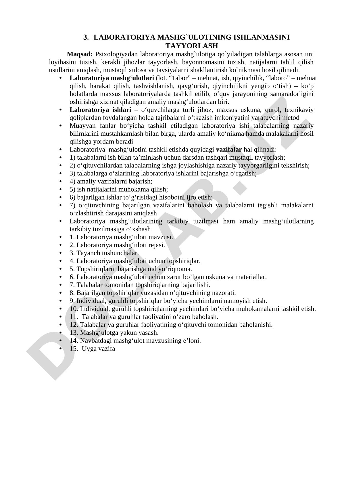 Laboratoriya mashg'ulotining ishlanmasini tayyorlash