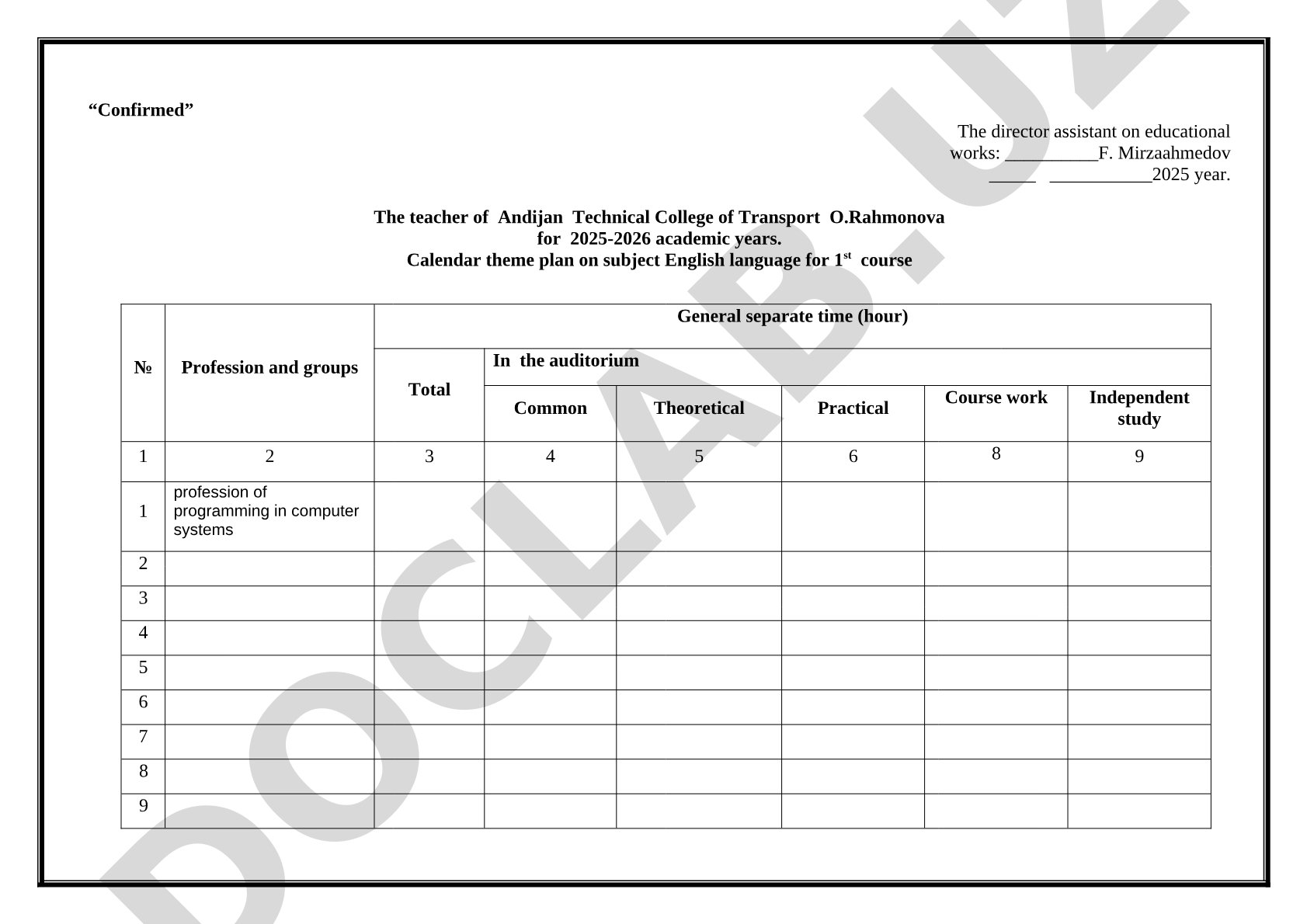 English language calendar theme plan for 1st course