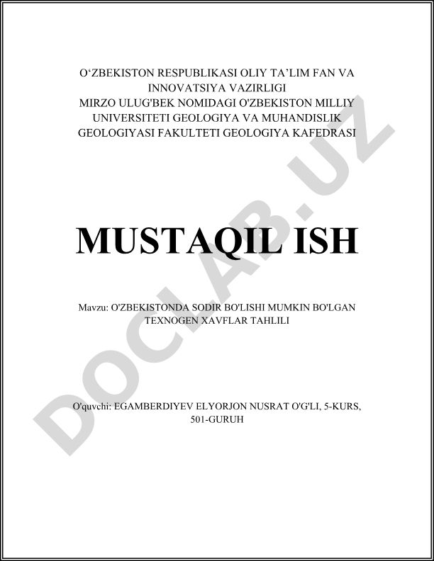 O'zbekistonda sodir bo'lishi mumkin bo'lgan texnogen xavflar tahlili