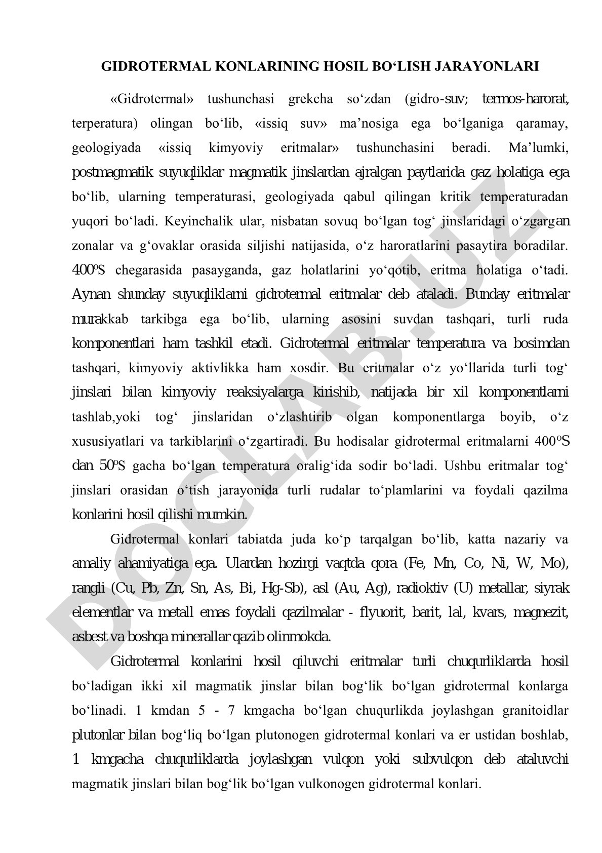 Gidrotermal konlarining hosil bo'lish jarayonlari