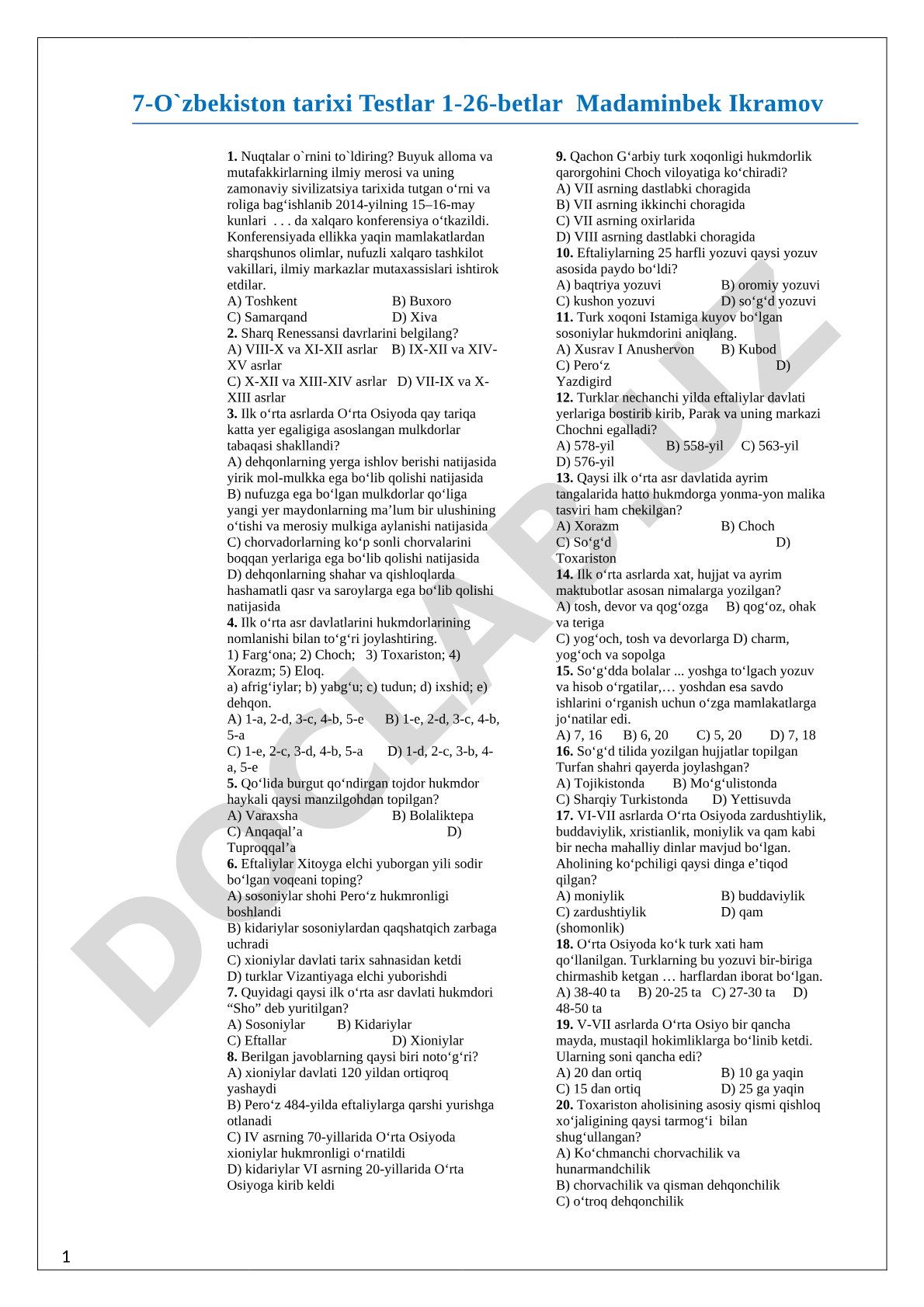 O'zbekiston tarixi testlari