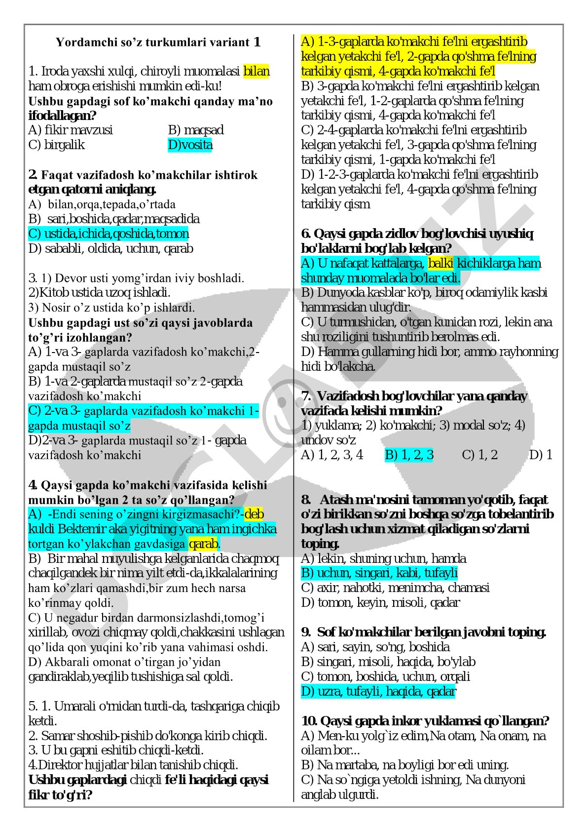 Yordamchi so’z turkumlari variant 1