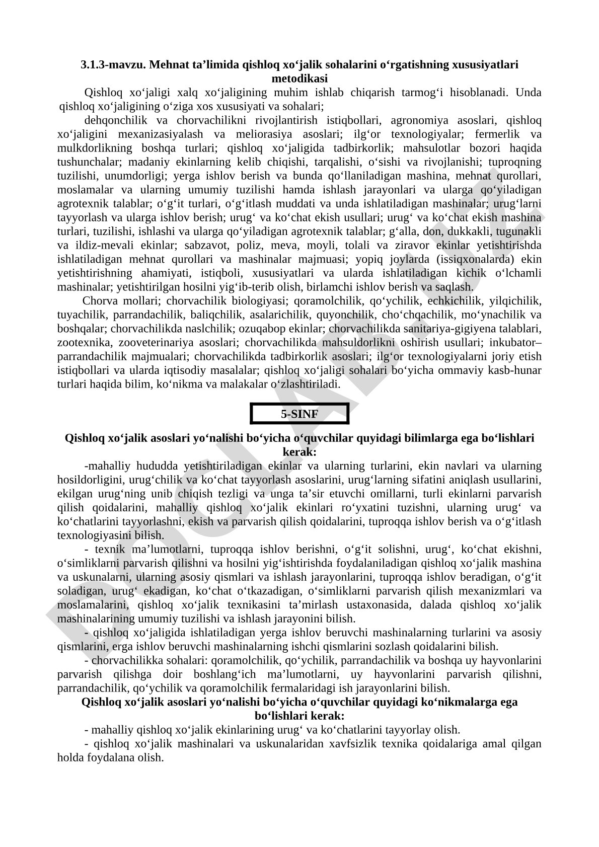 Mehnat ta’limida qishloq xo‘jalik sohalarini o‘rgatishning xususiyatlari metodikasi