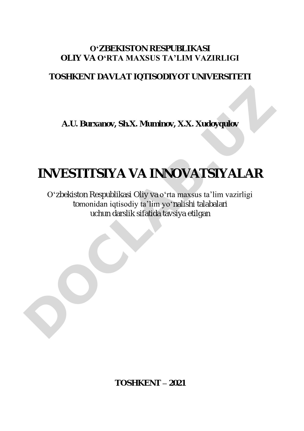 Investitsiya tushunchasi, investitsion faoliyat, innovatsion jarayonlar va samaradorlik