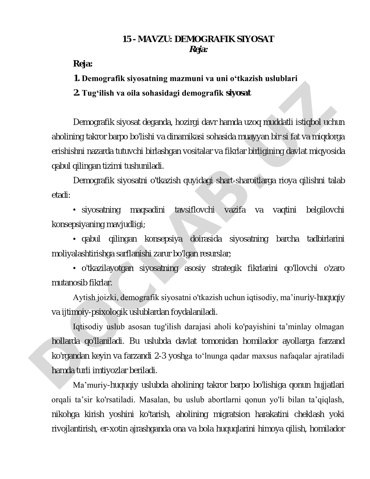 Demografik siyosatning mazmuni va uni o‘tkazish uslublari