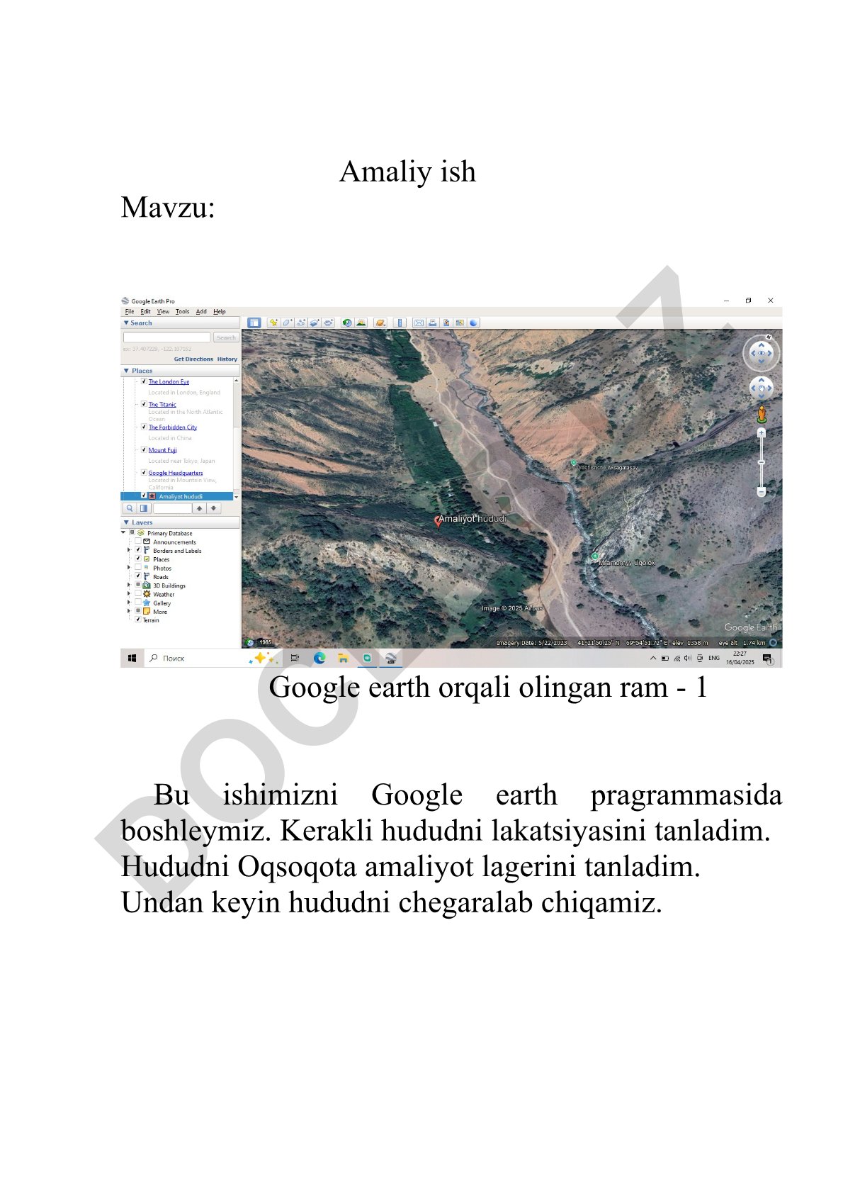 Google Earth orqali hududni chegaralash va relyefni o'rganish
