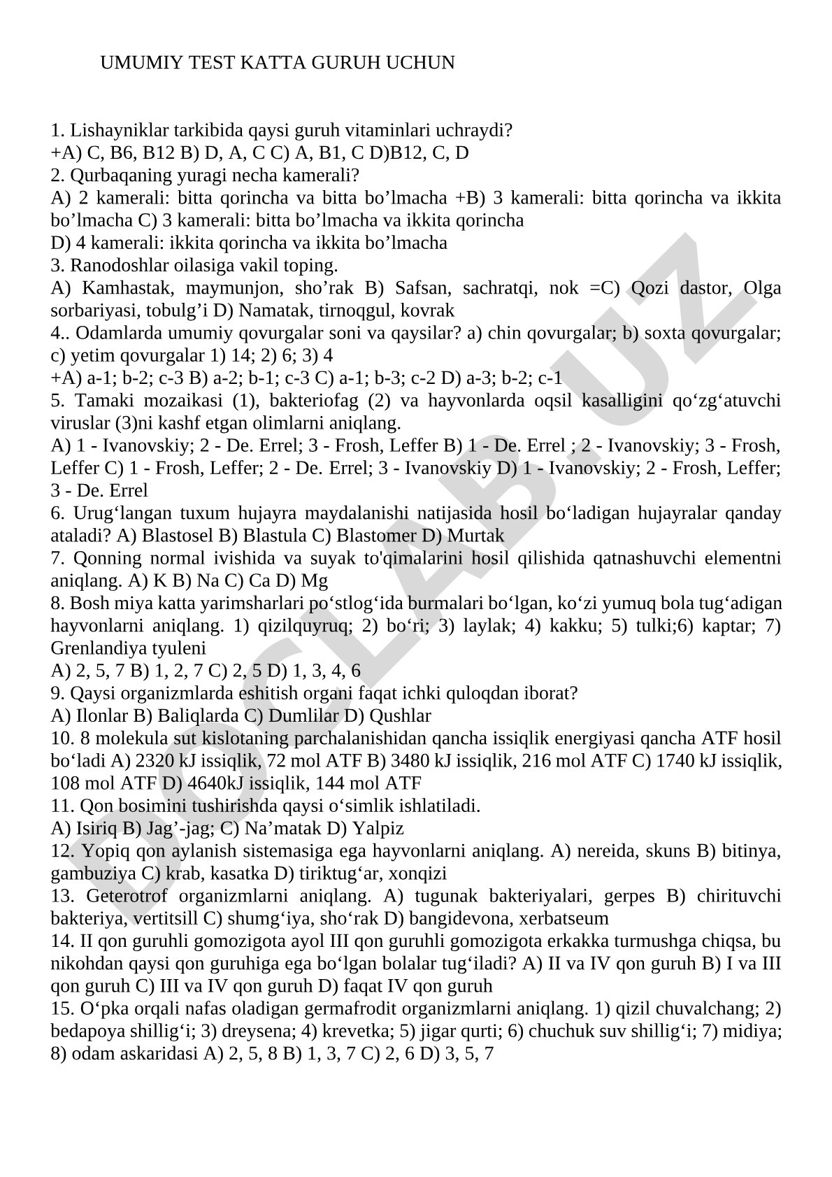 Biologiyadan umumiy test savollari