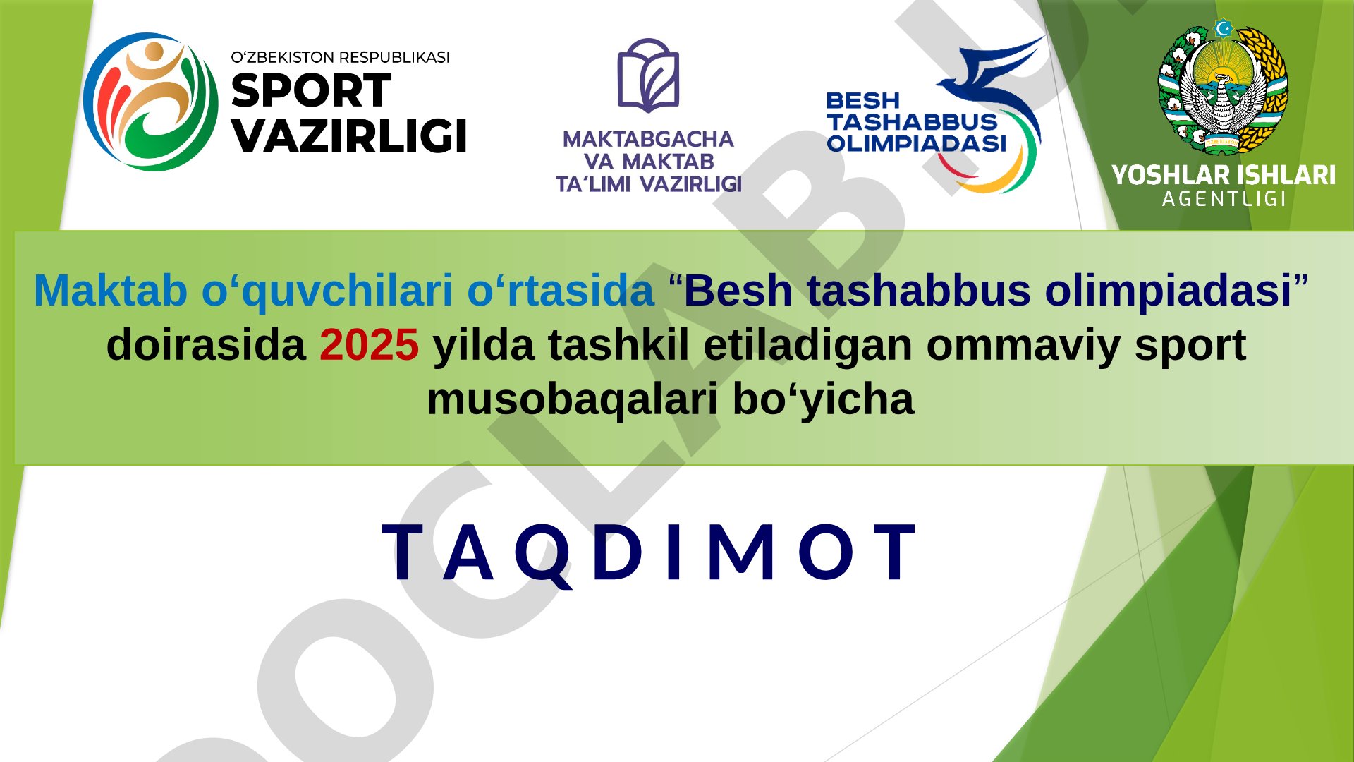 Maktab oʻquvchilari oʻrtasida “Besh tashabbus olimpiadasi” doirasida ommaviy sport musobaqalari