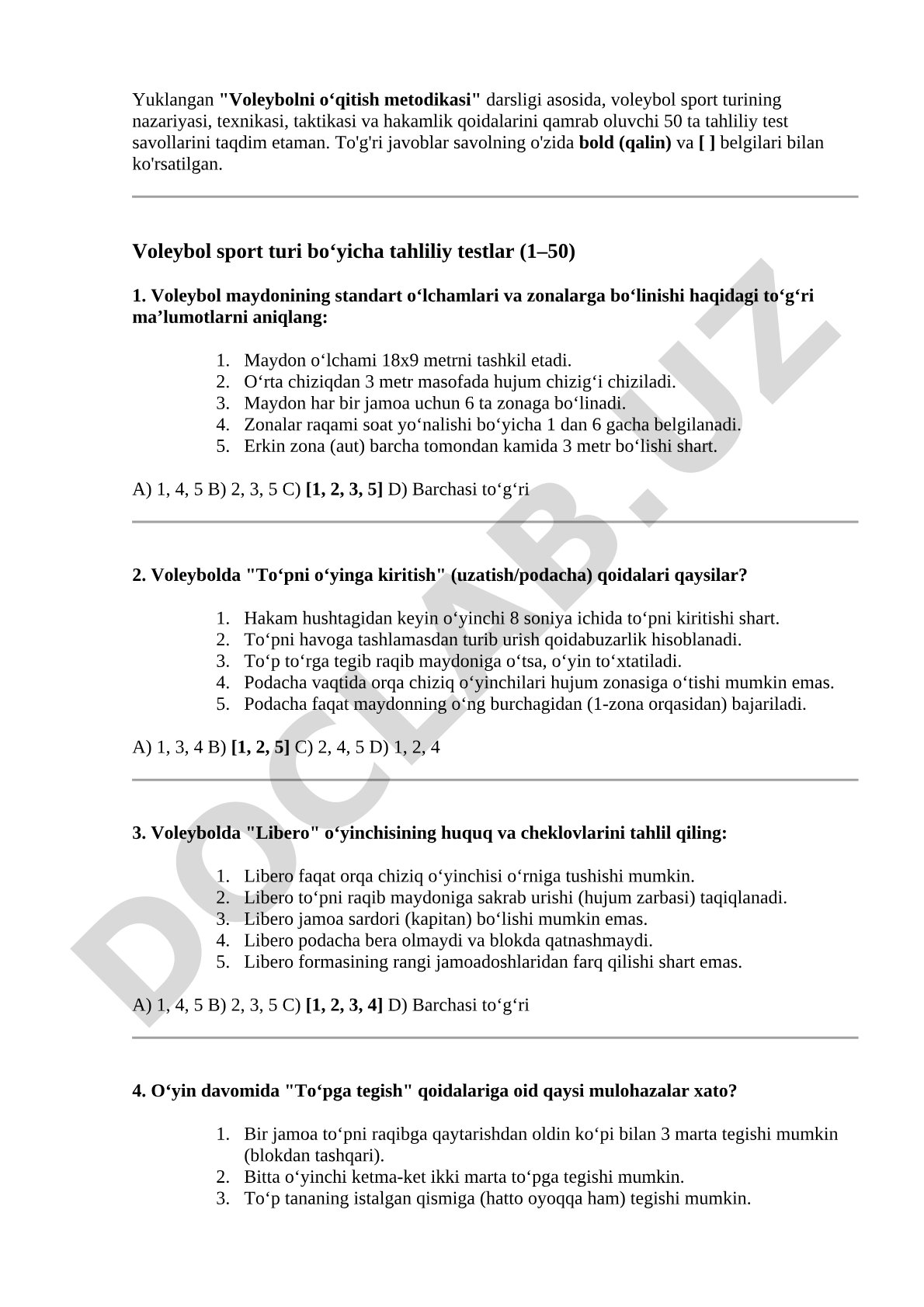 Voleybol sport turi bo‘yicha tahliliy testlar (1–50)