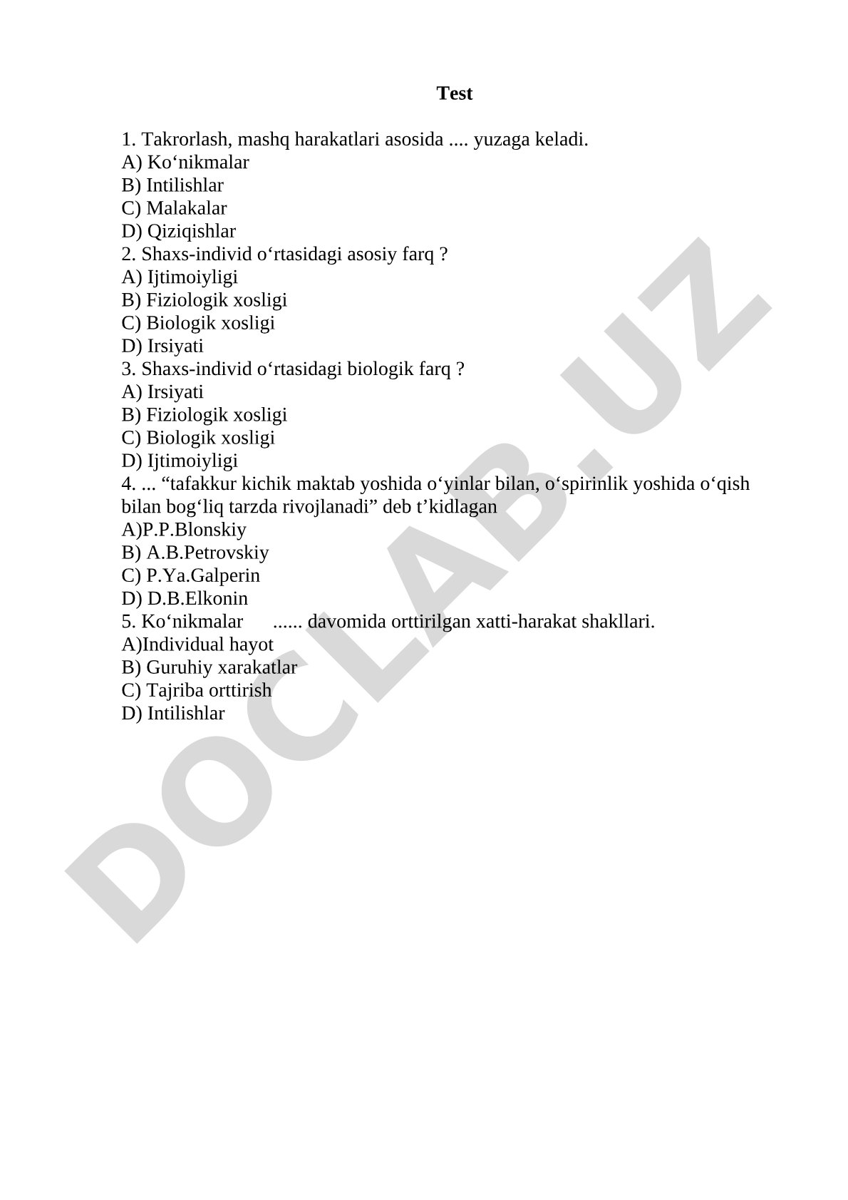 Psixologiya fanidan ko'nikmalar va shaxs test savollari