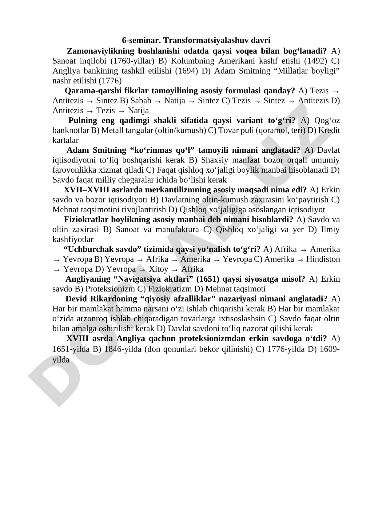 Transformatsiyalashuv davri bo'yicha zamonaviylik, Adam Smit, merkantilizm testlari