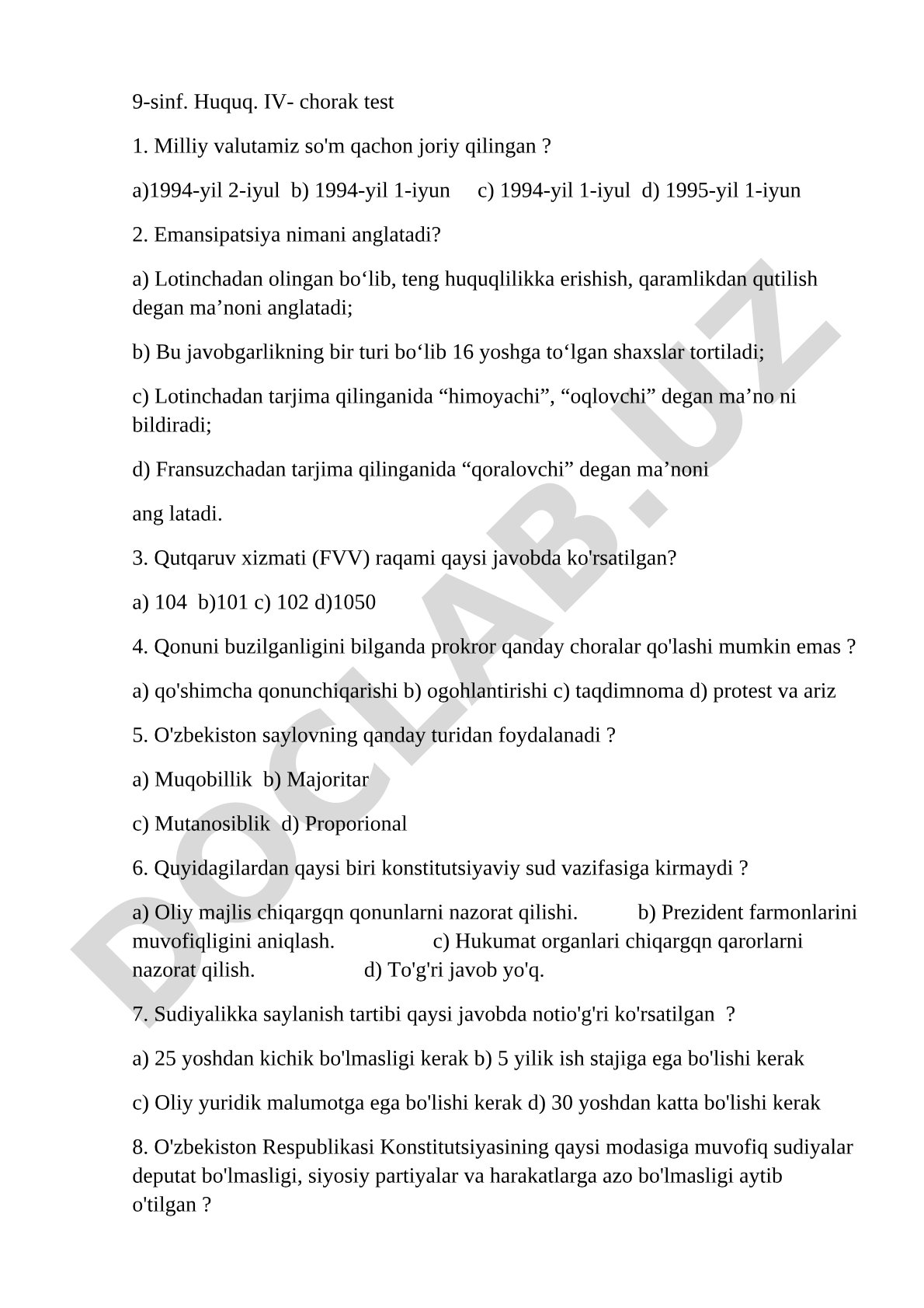 9-sinf Huquq IV-chorak test 1