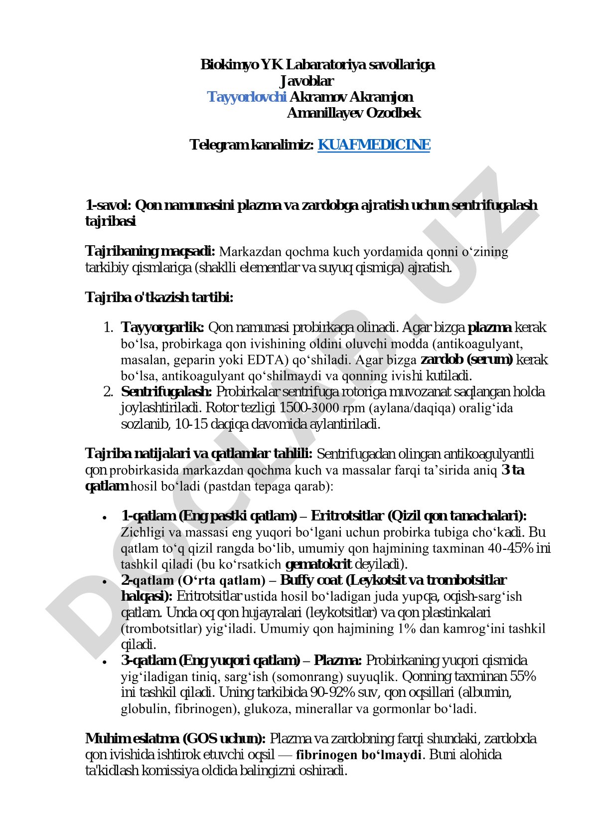 Qon namunasini plazma va zardobga ajratish uchun sentrifugalash tajribasi