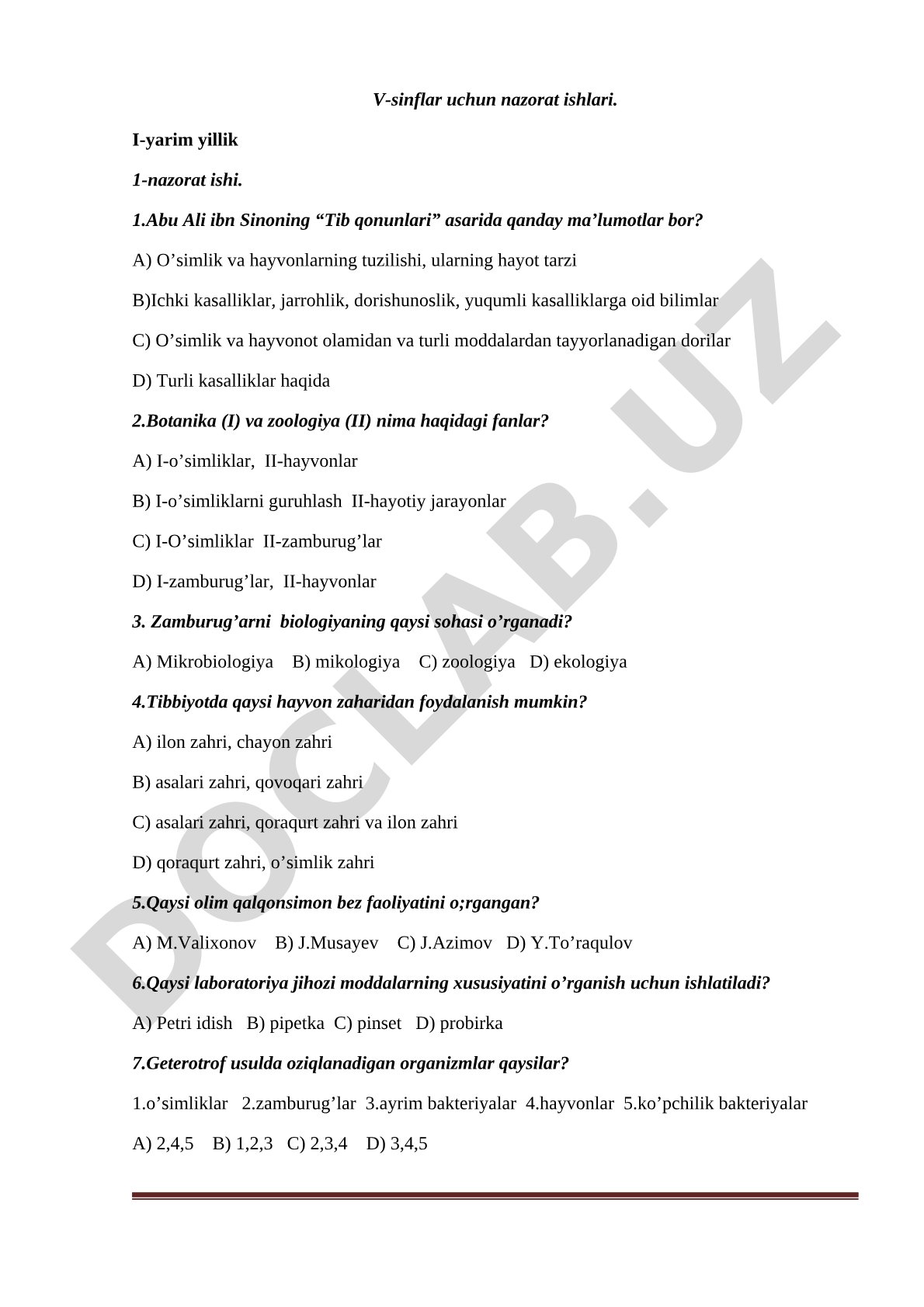 V sinf biologiya I yarim yillik 1-nazorat ishi