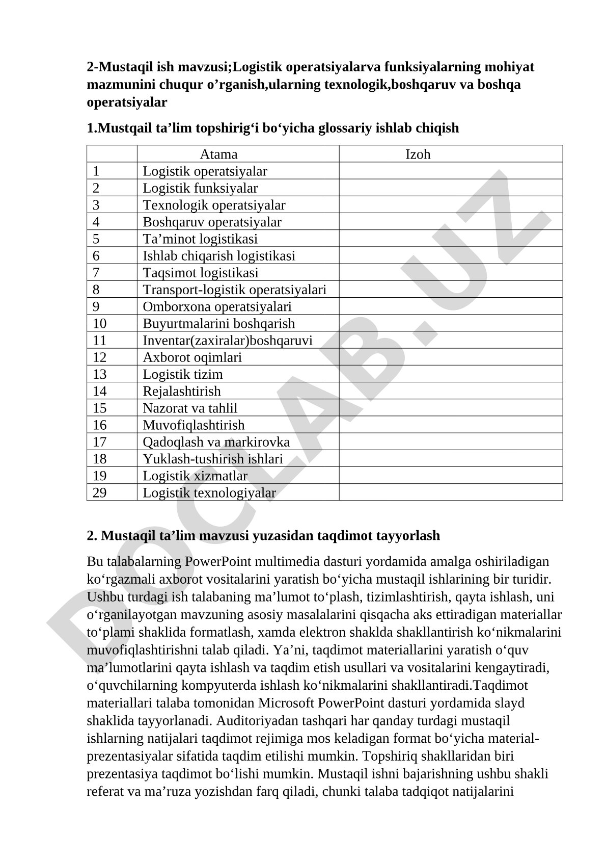 Logistik operatsiyalar va funksiyalarning mohiyat mazmunini chuqur o'rganish
