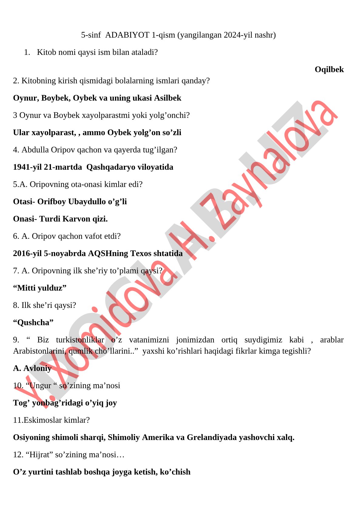 5-sinf adabiyot darsligi va Abdulla Oripov haqida savollar