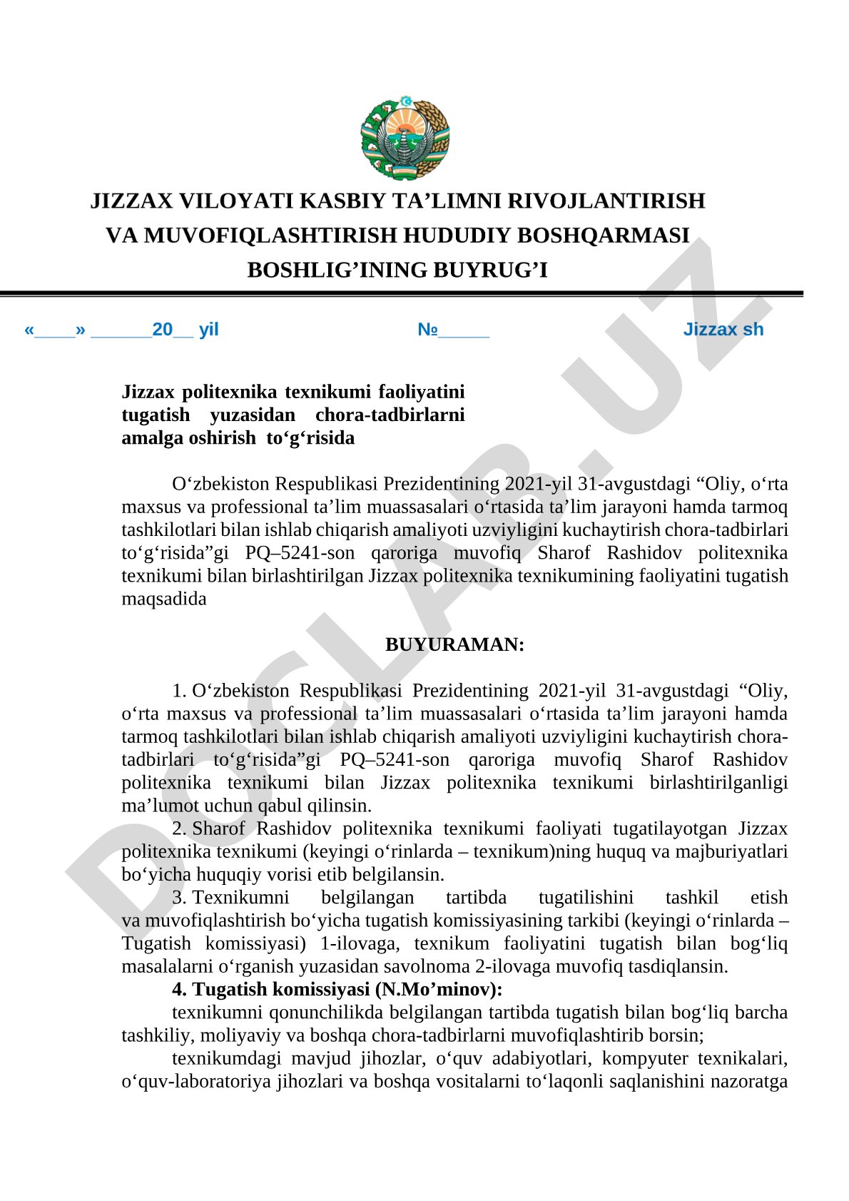 Jizzax politexnika texnikumi faoliyatini tugatish yuzasidan chora-tadbirlarni amalga oshirish to‘g‘risida