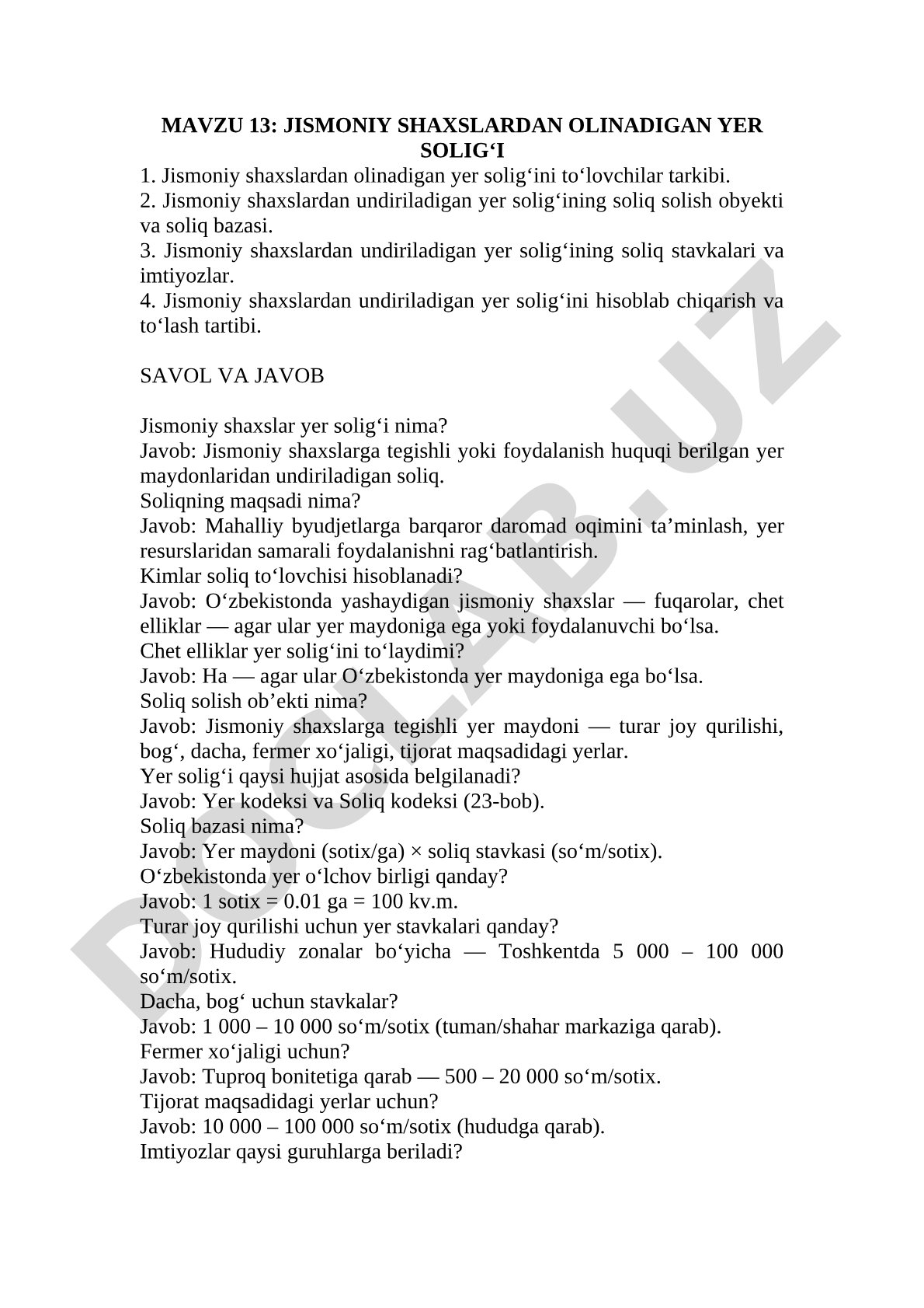 MAVZU 13: JISMONIY SHAXSLARDAN OLINADIGAN YER SOLIG‘I 1