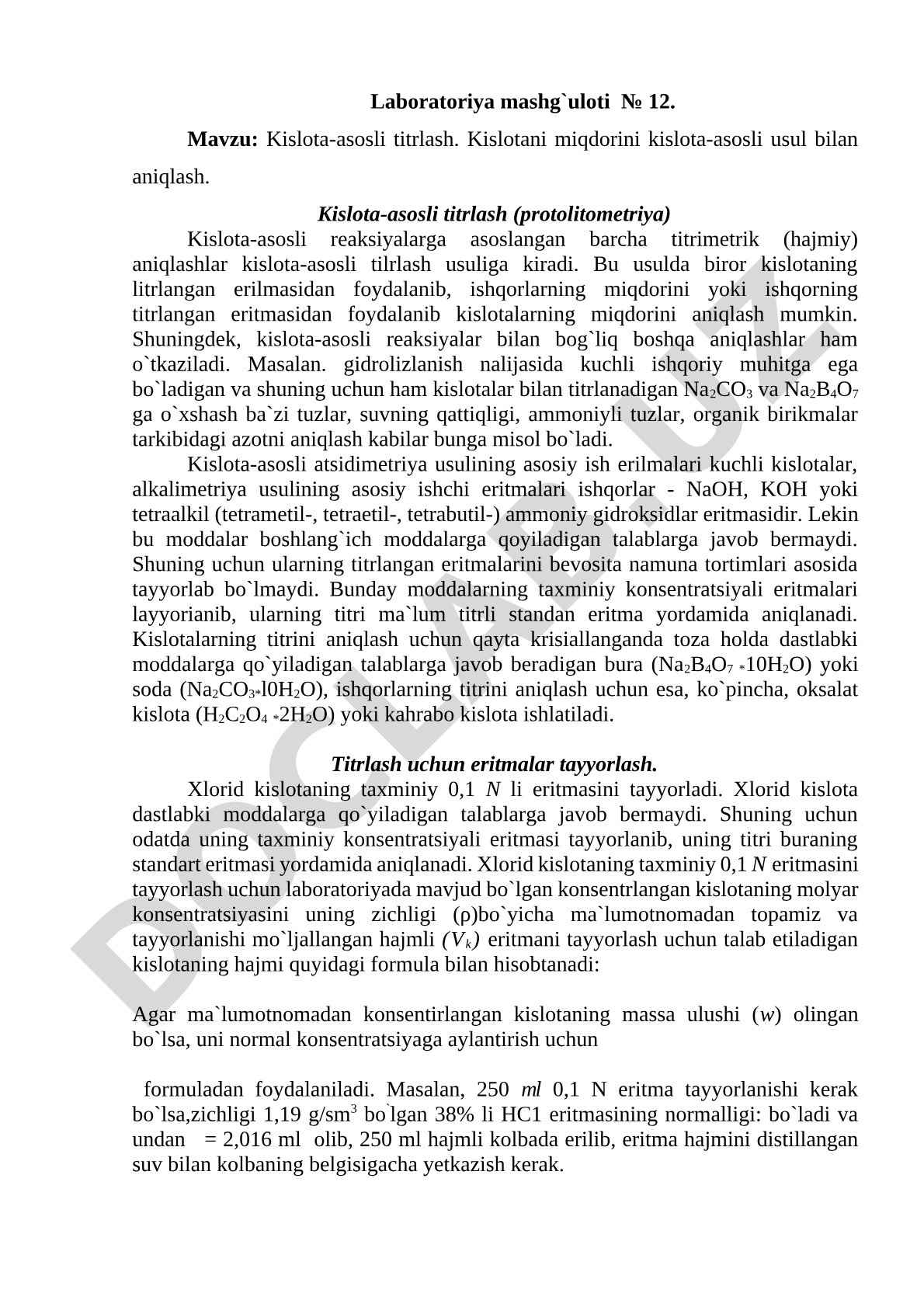 Kislota-asosli titrlash. Kislotani miqdorini kislota-asosli usul bilan aniqlash