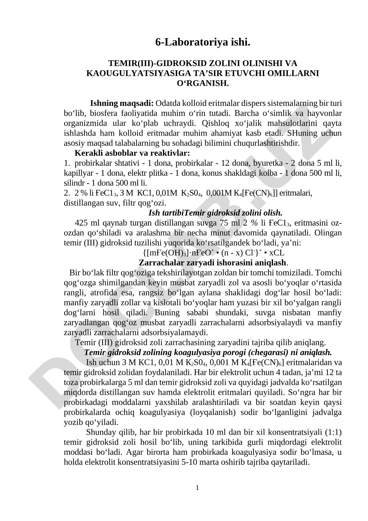 TEMIR(III)-GIDROKSID ZOLINI OLINISHI VA KOAGULYATSIYASIGA TA’SIR ETUVCHI OMILLARNI O‘RGANISH