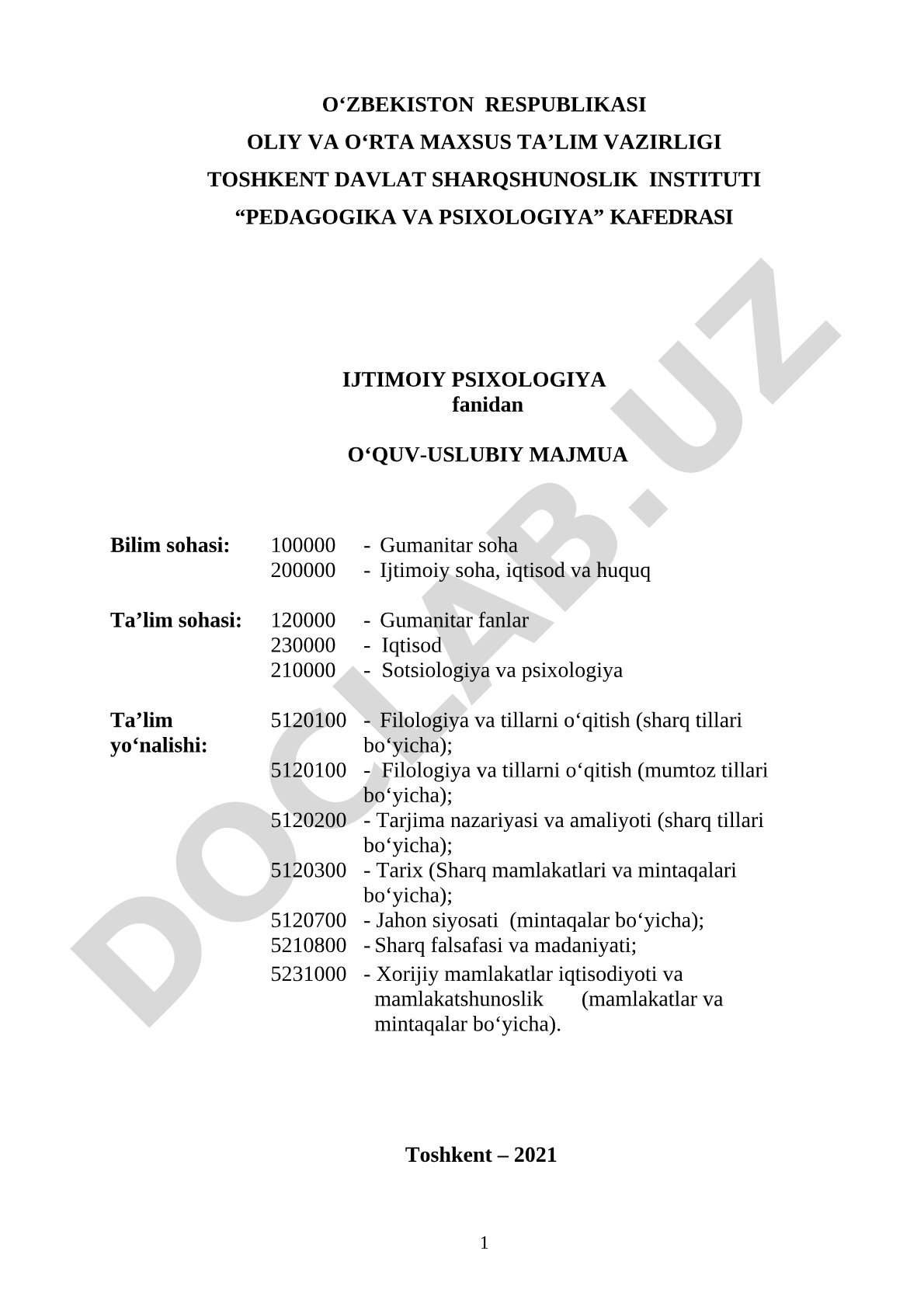 Ijtimoiy psixologiya fanidan o‘quv-uslubiy majmua