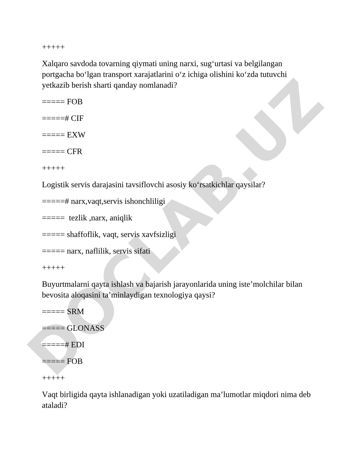 Logistika va xalqaro savdo testlari