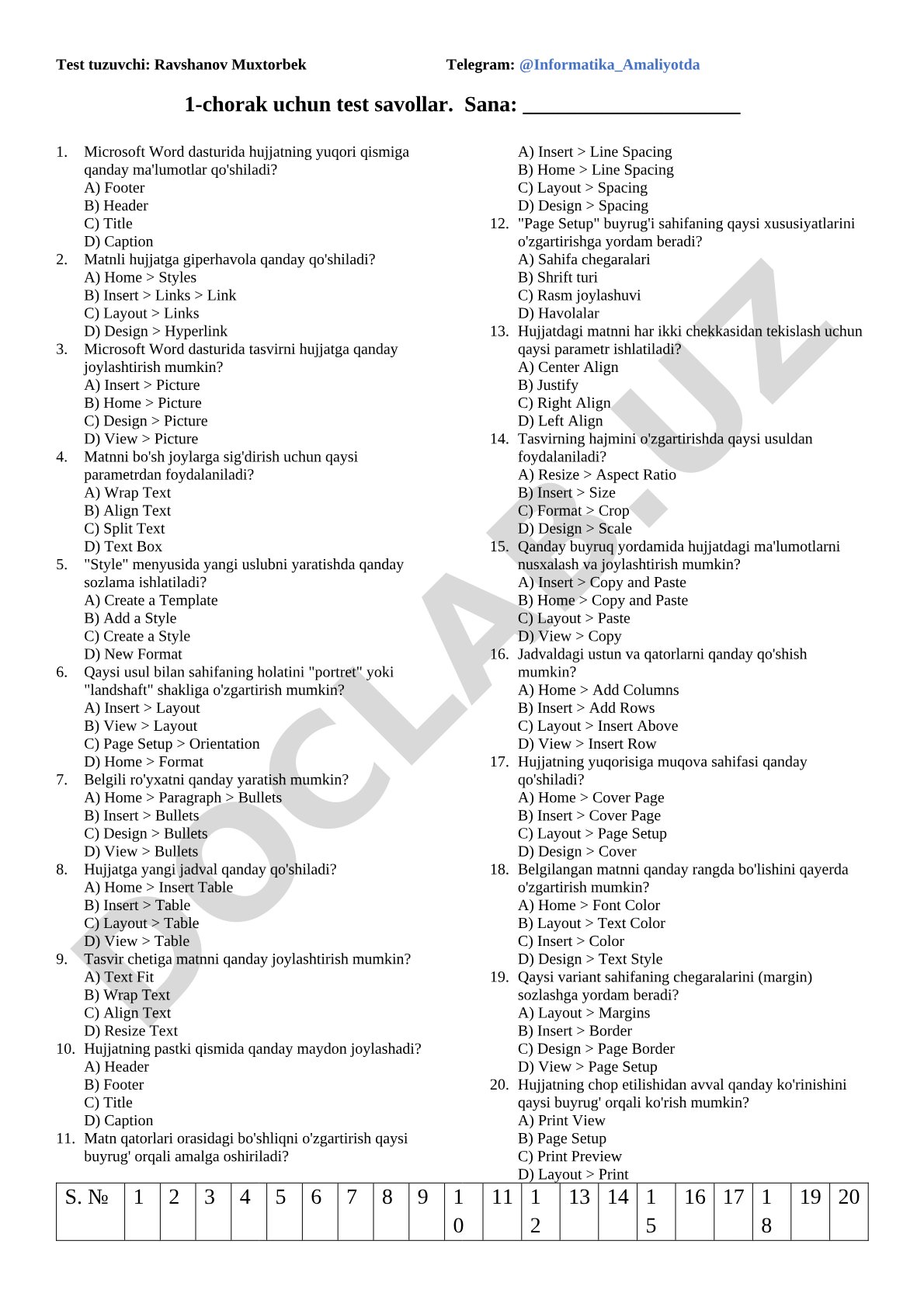1-chorak uchun test savollar