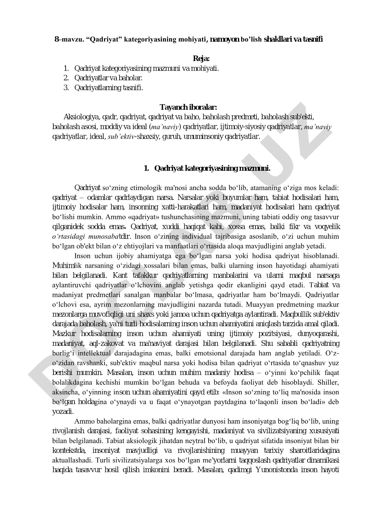 “Qadriyat” kategoriyasining mohiyati, namoyon bo’lish shakllari va tasnifi