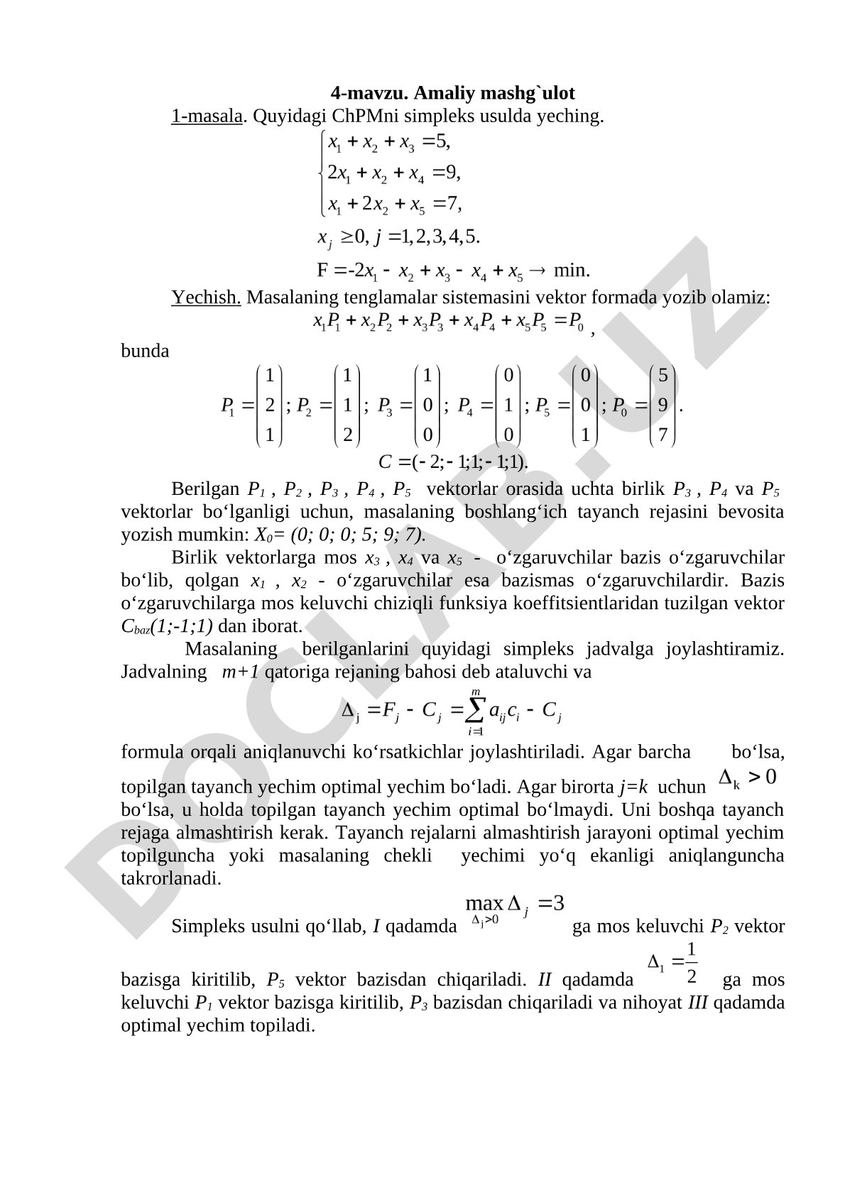 Chiziqli programmalash masalasini simpleks usulda yechish