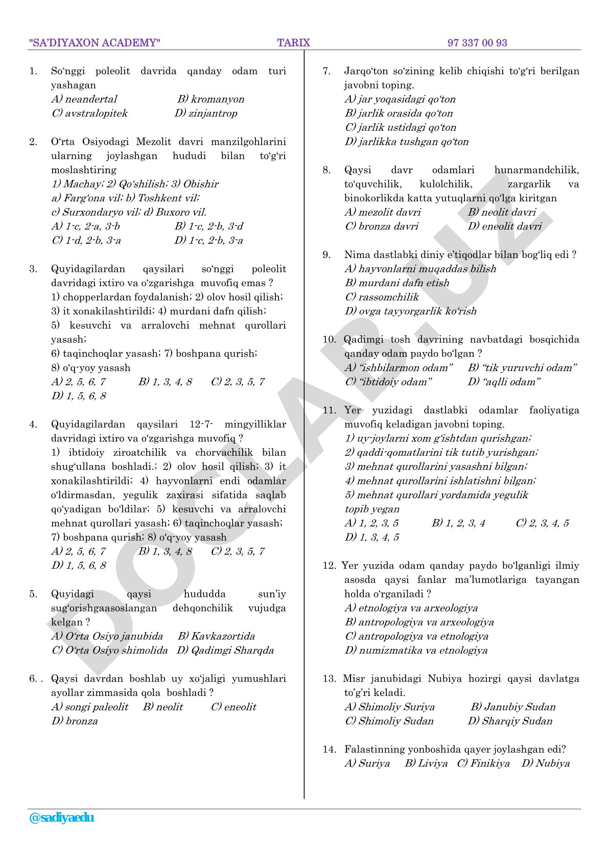 Tarix: so'nggi paleolit va mezolit davri test savollari