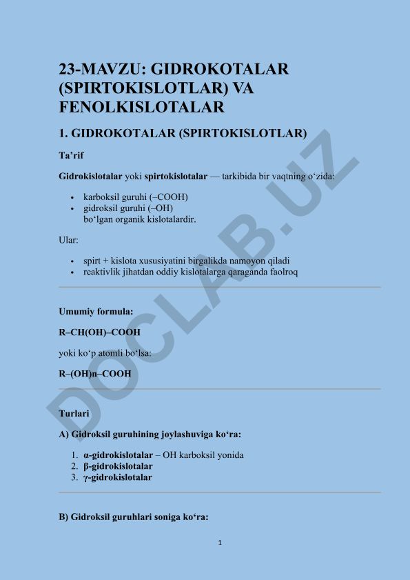 Gidrokislotalar (spirtokislotalar) va fenolkislotalar