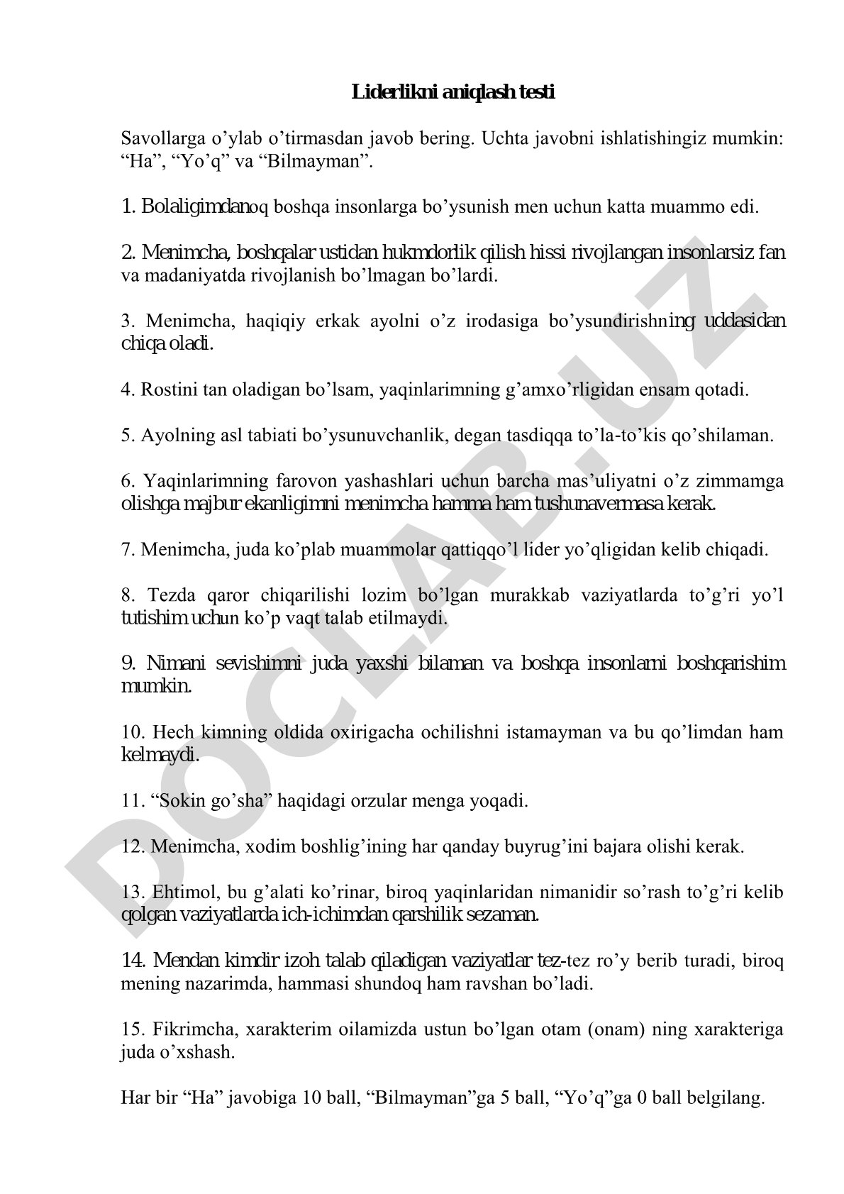 Liderlik darajasini aniqlovchi psixologik test savollari