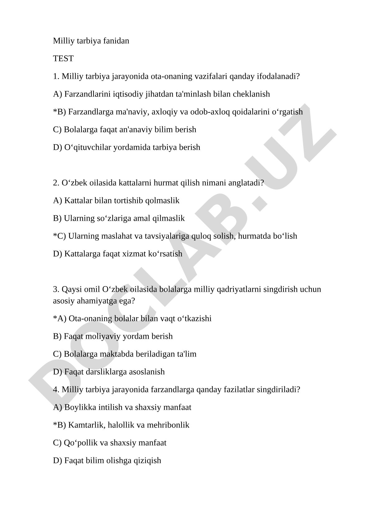 Milliy tarbiya fanidan test savollari