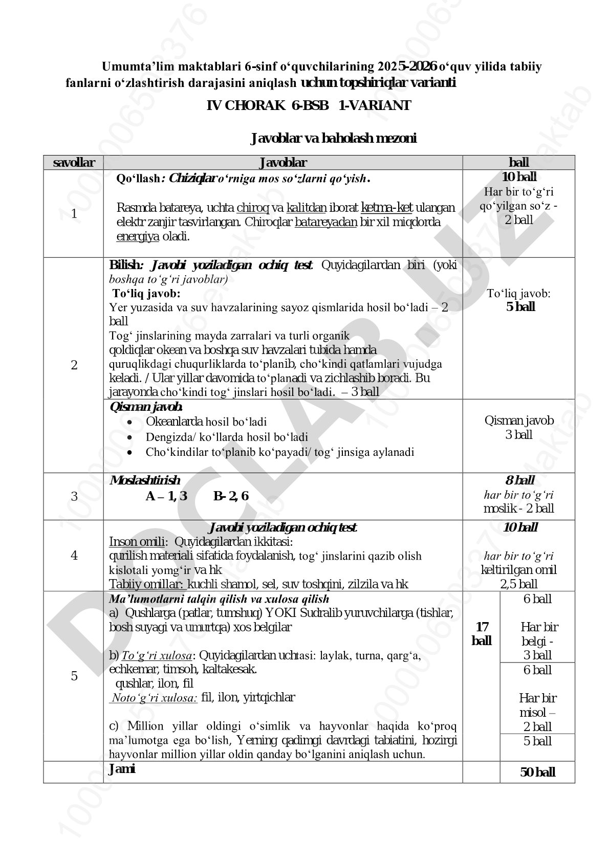 Umumta’lim maktablari 6-sinf o‘quvchilarining 2025-2026 o‘quv yilida tabiiy fanlarni o‘zlashtirish darajasini aniqlash topshiriqlari IV CHORAK 6-BSB 1-VARIANT
