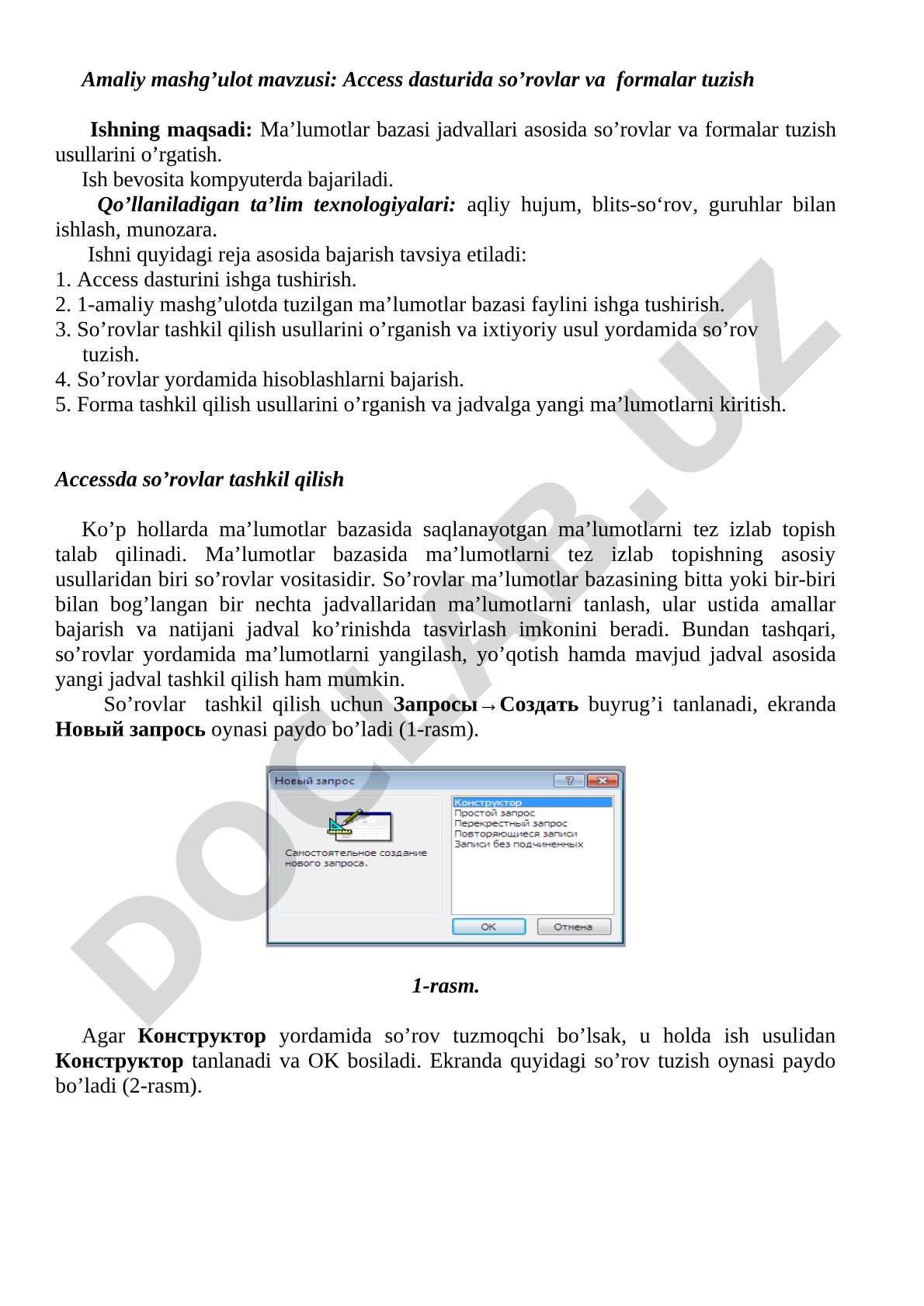 Access dasturida so'rovlar va formalar tuzish