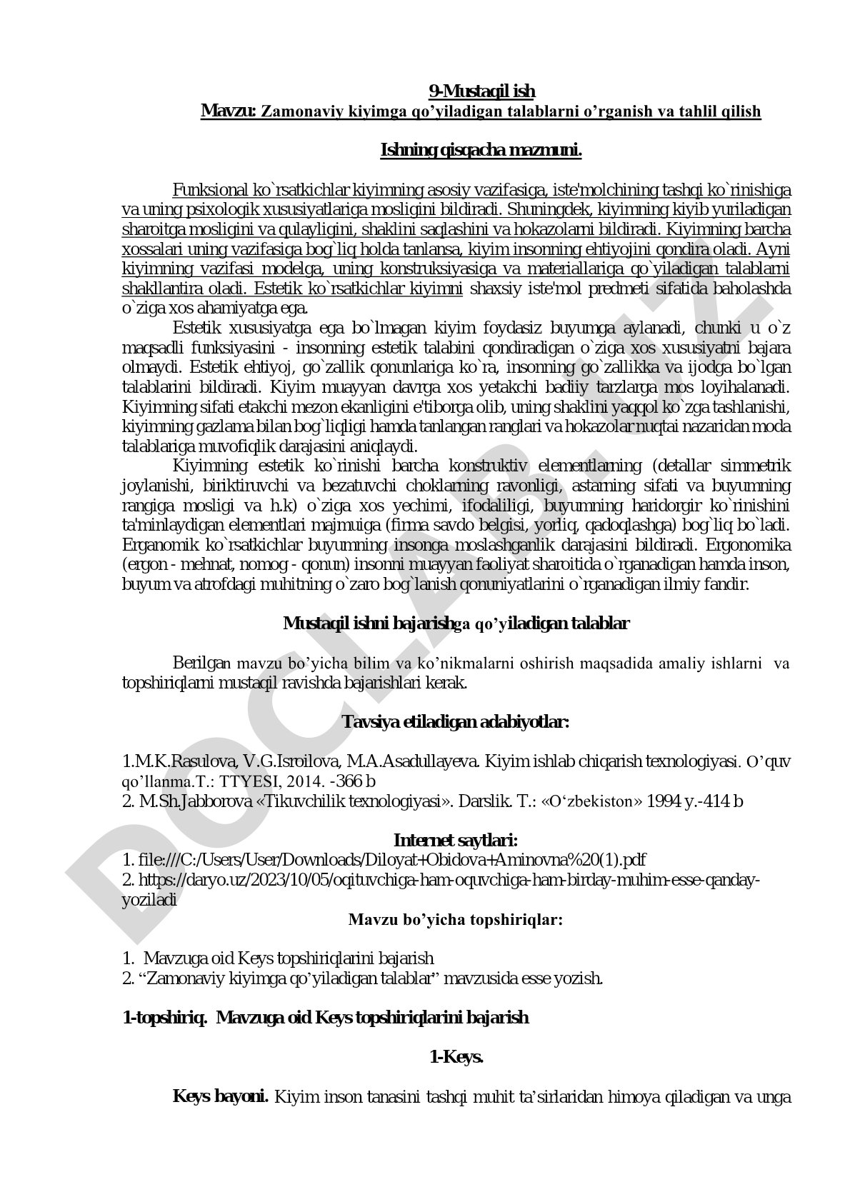 Zamonaviy kiyimga qo'yiladigan talablarni o'rganish va tahlil qilish