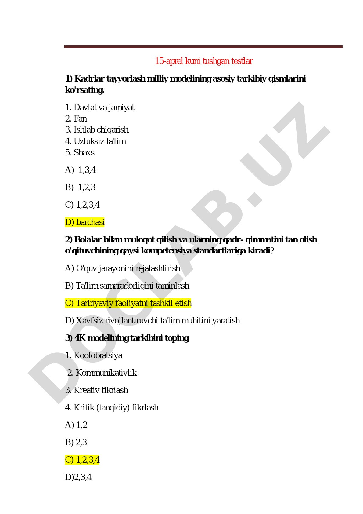 Pedagogik kompetensiyalar va 4K modeli bo'yicha testlar