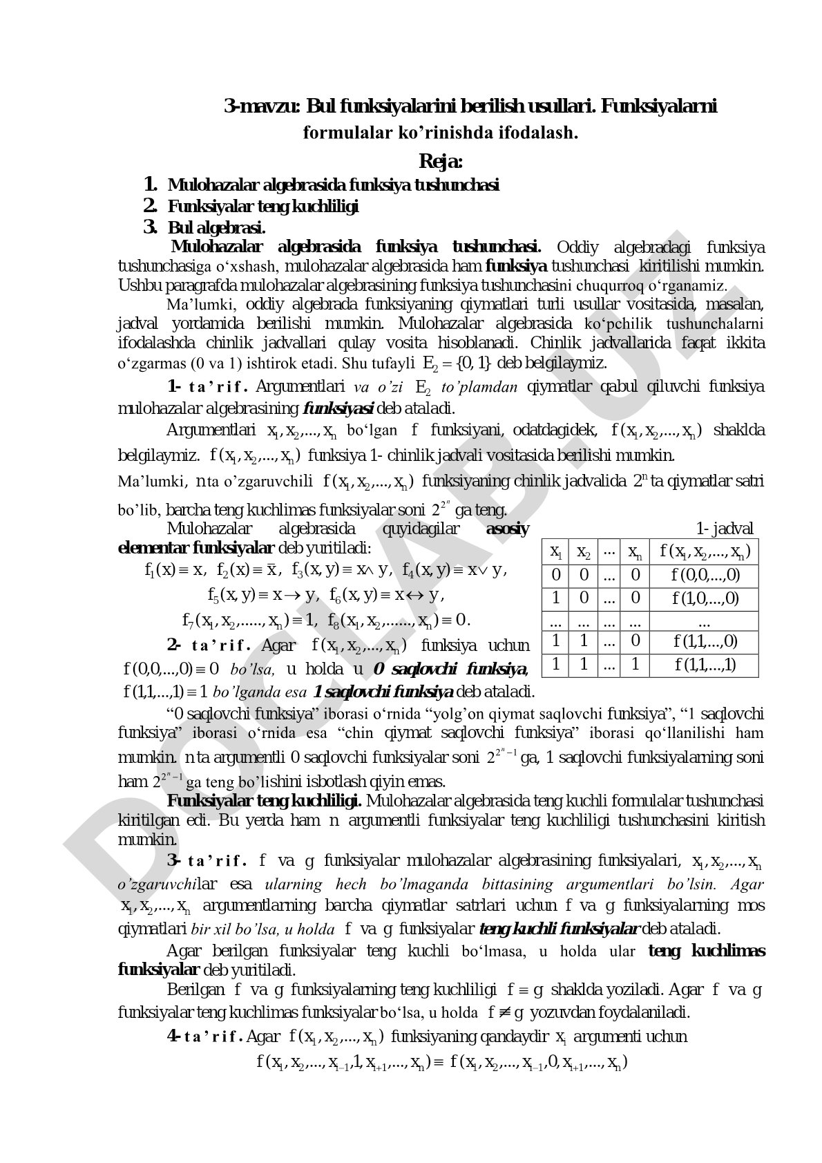 Bul funksiyalarini berilish usullari. Funksiyalarni formulalar ko’rinishda ifodalash