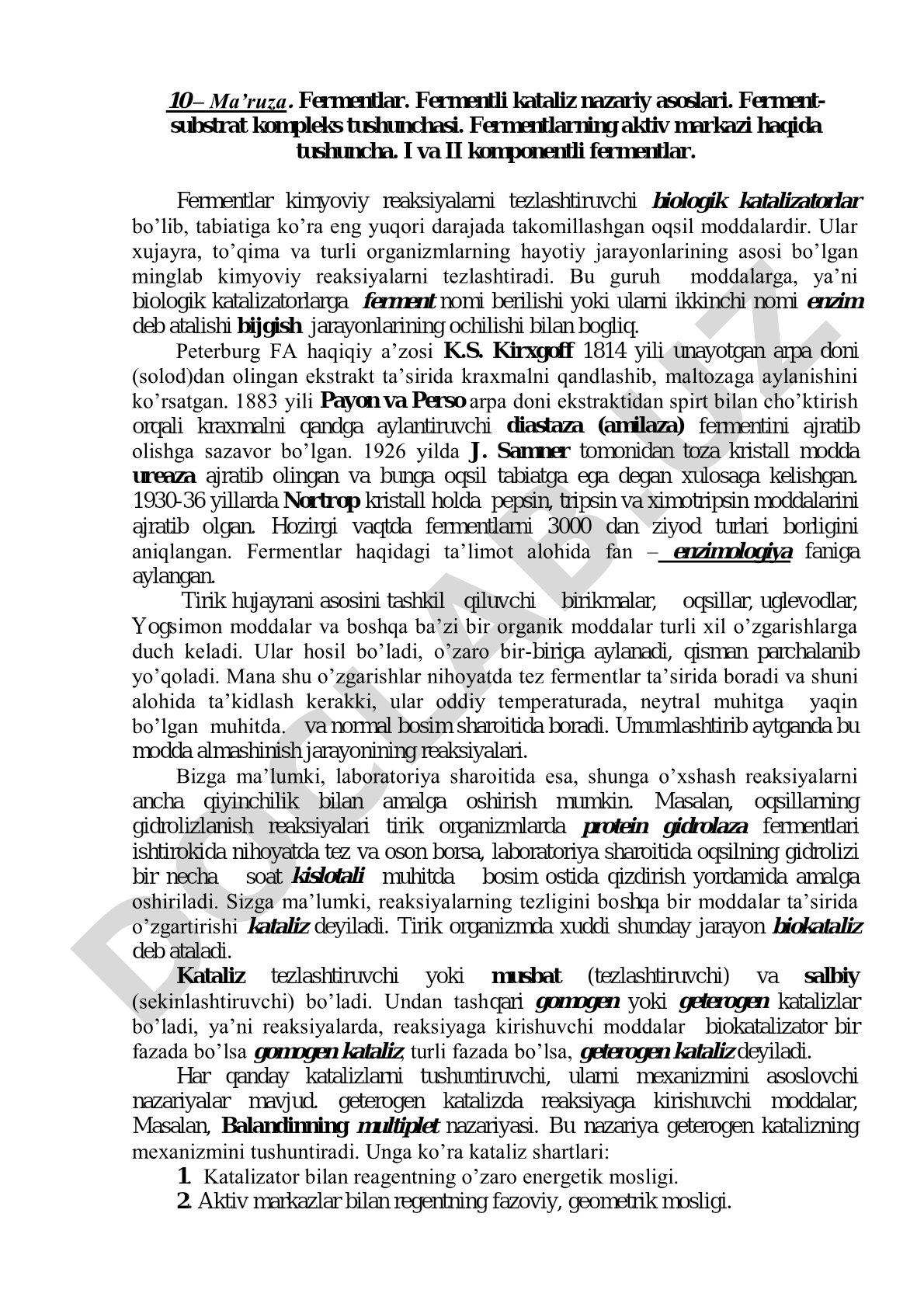 Fermentlar. Fermentli kataliz nazariy asoslari