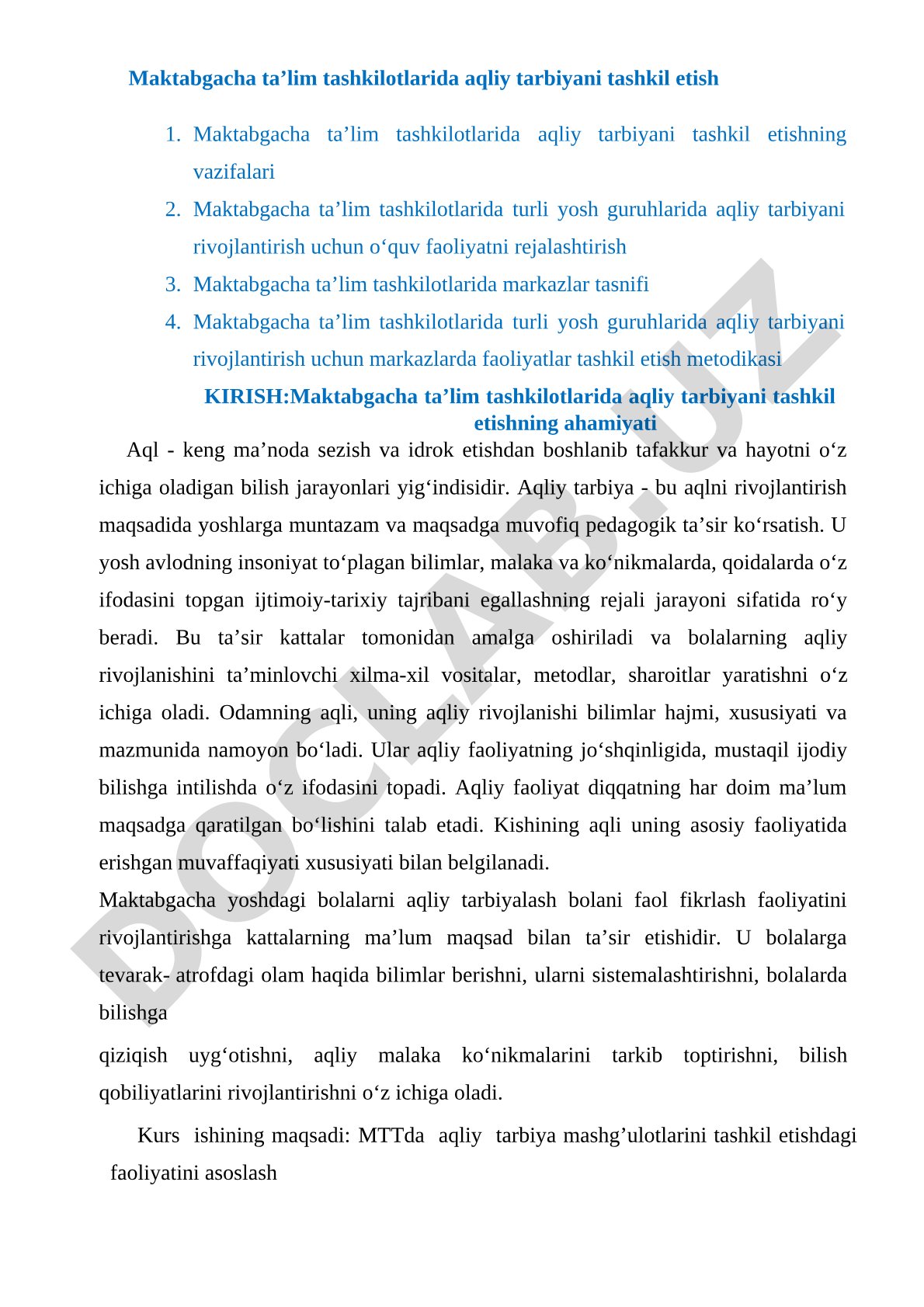 Maktabgacha ta’lim tashkilotlarida aqliy tarbiyani tashkil etish